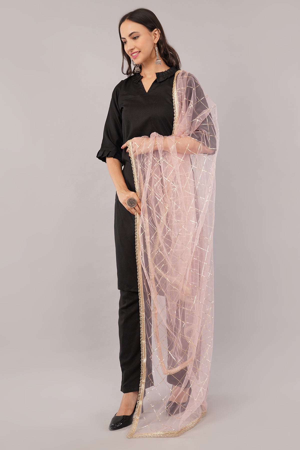 Net Sequins Dupatta for Women Pinkish Peach (NB7) – Ivaara Soft Embroidered Dupatta.