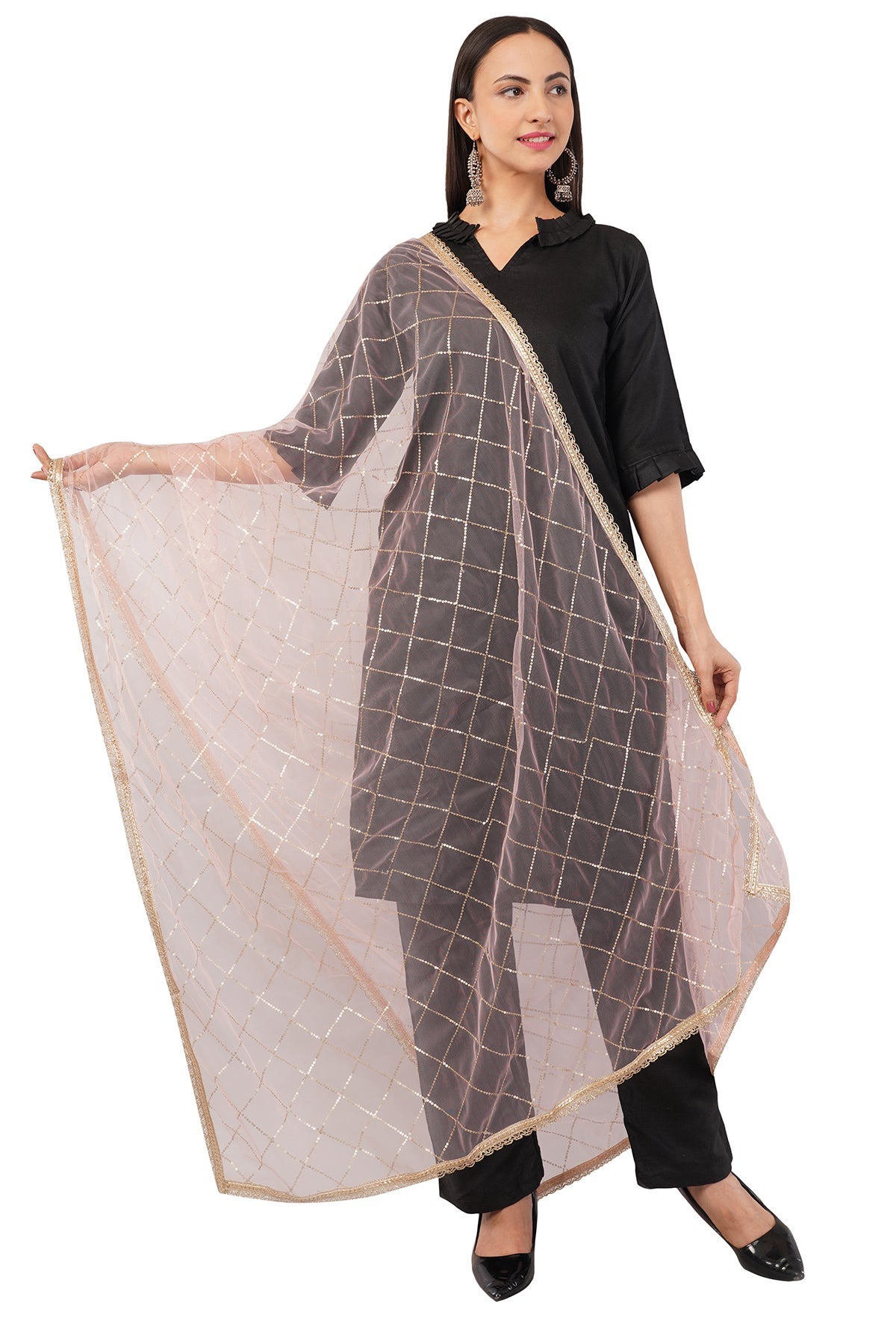 Net Sequins Dupatta for Women Pinkish Peach (NB7) – Ivaara Soft Embroidered Dupatta.