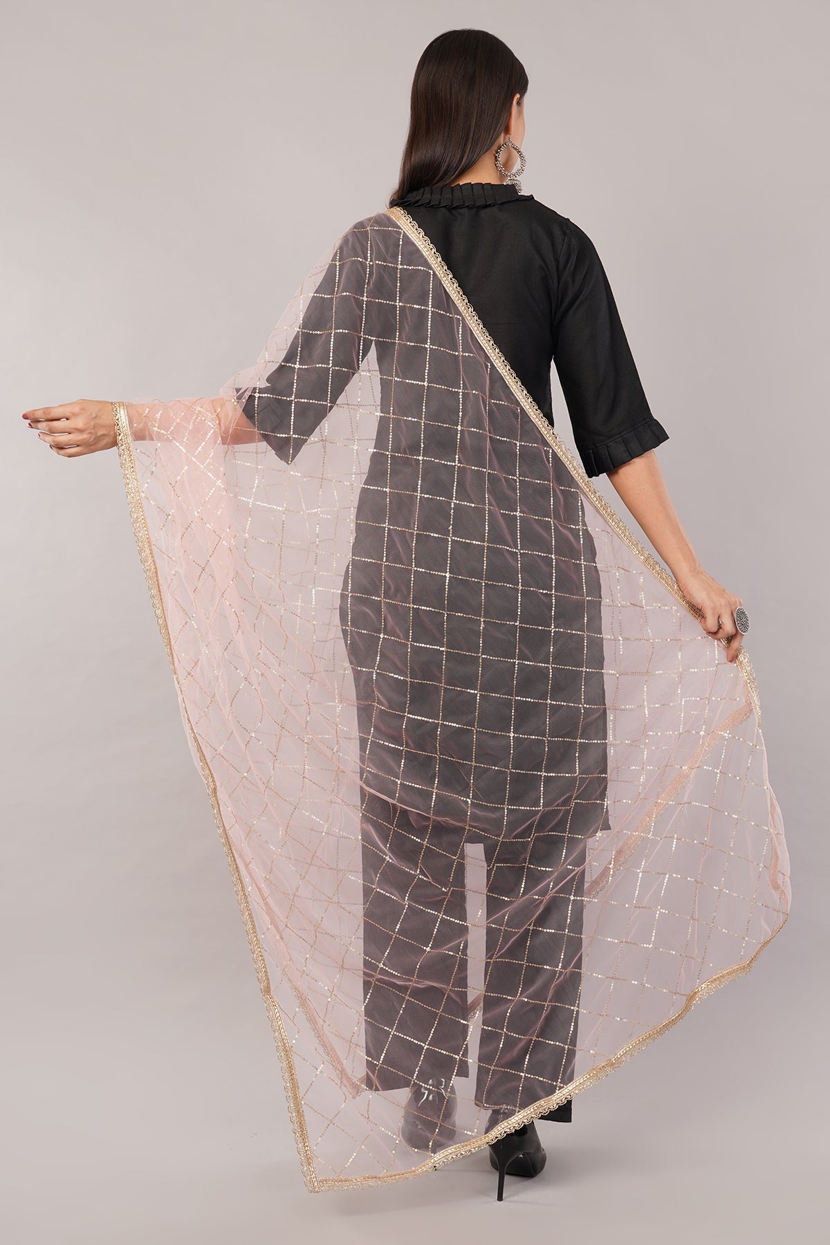 Net Sequins Dupatta for Women Pinkish Peach (NB7) – Ivaara Soft Embroidered Dupatta.