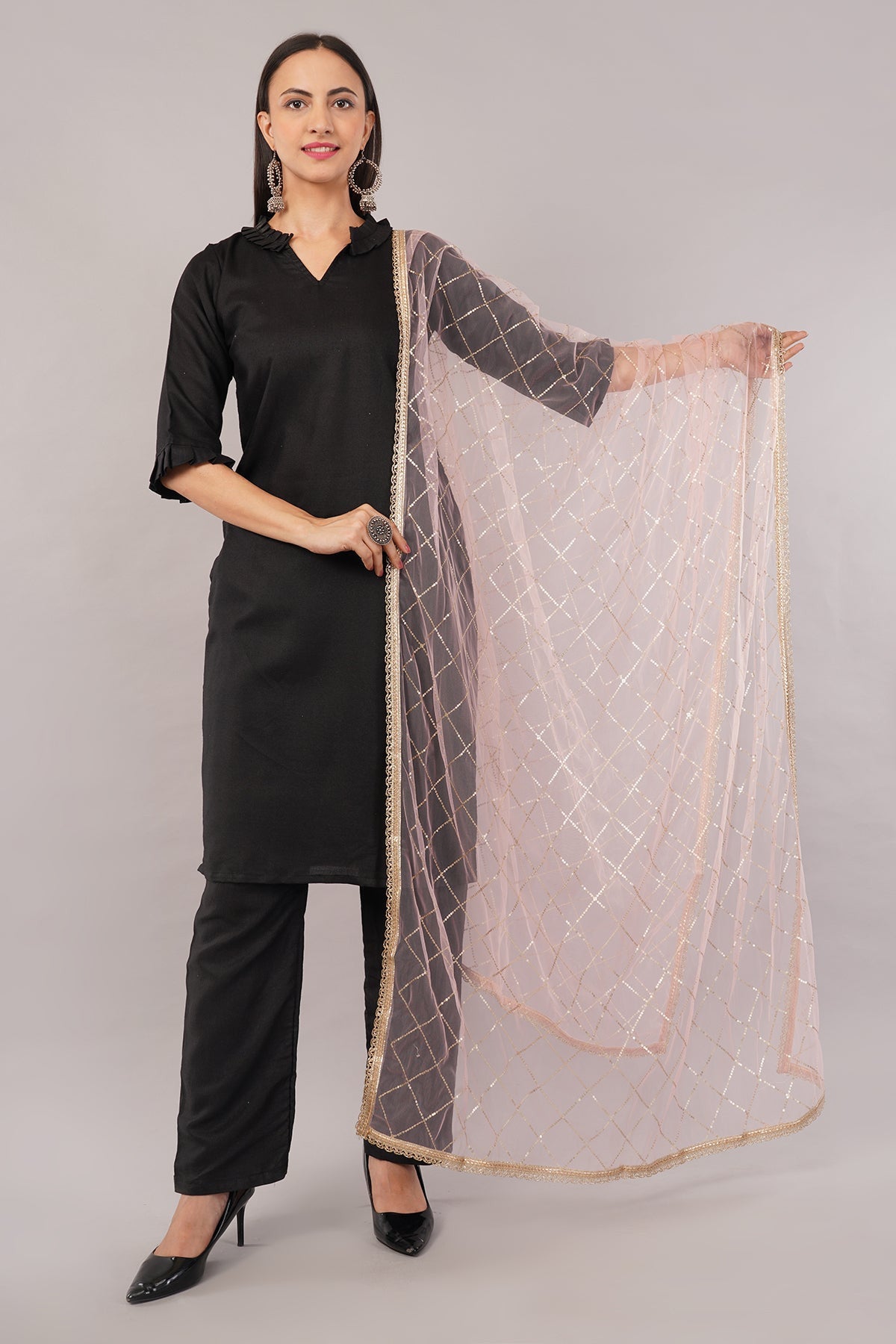 Net Sequins Dupatta for Women Pinkish Peach (NB7) – Ivaara Soft Embroidered Dupatta.