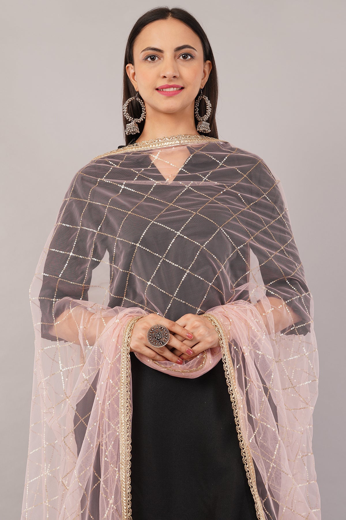 Net Sequins Dupatta for Women Pinkish Peach (NB7) – Ivaara Soft Embroidered Dupatta.