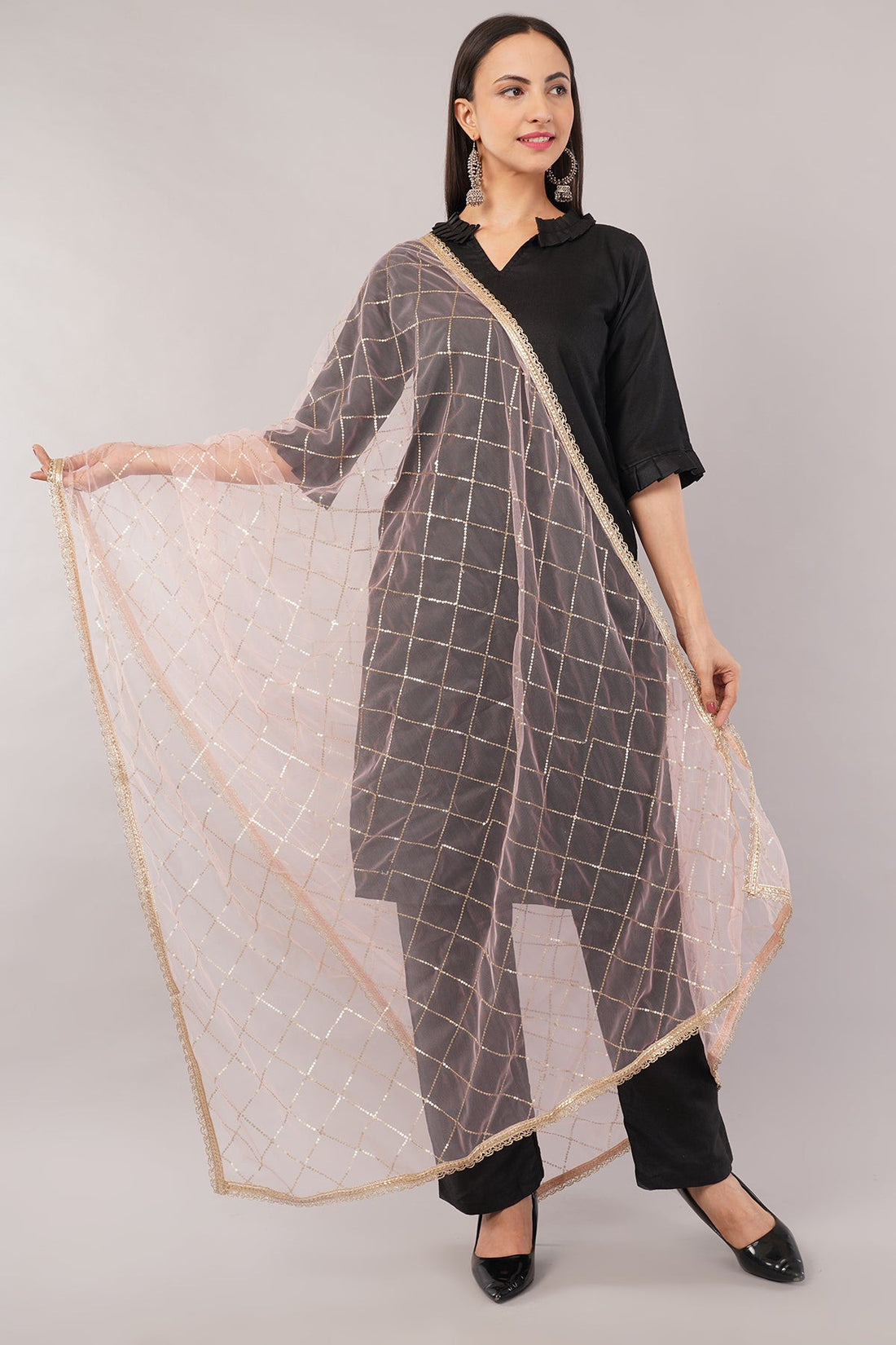 Net Sequins Dupatta for Women Pinkish Peach (NB7) – Ivaara Soft Embroidered Dupatta.