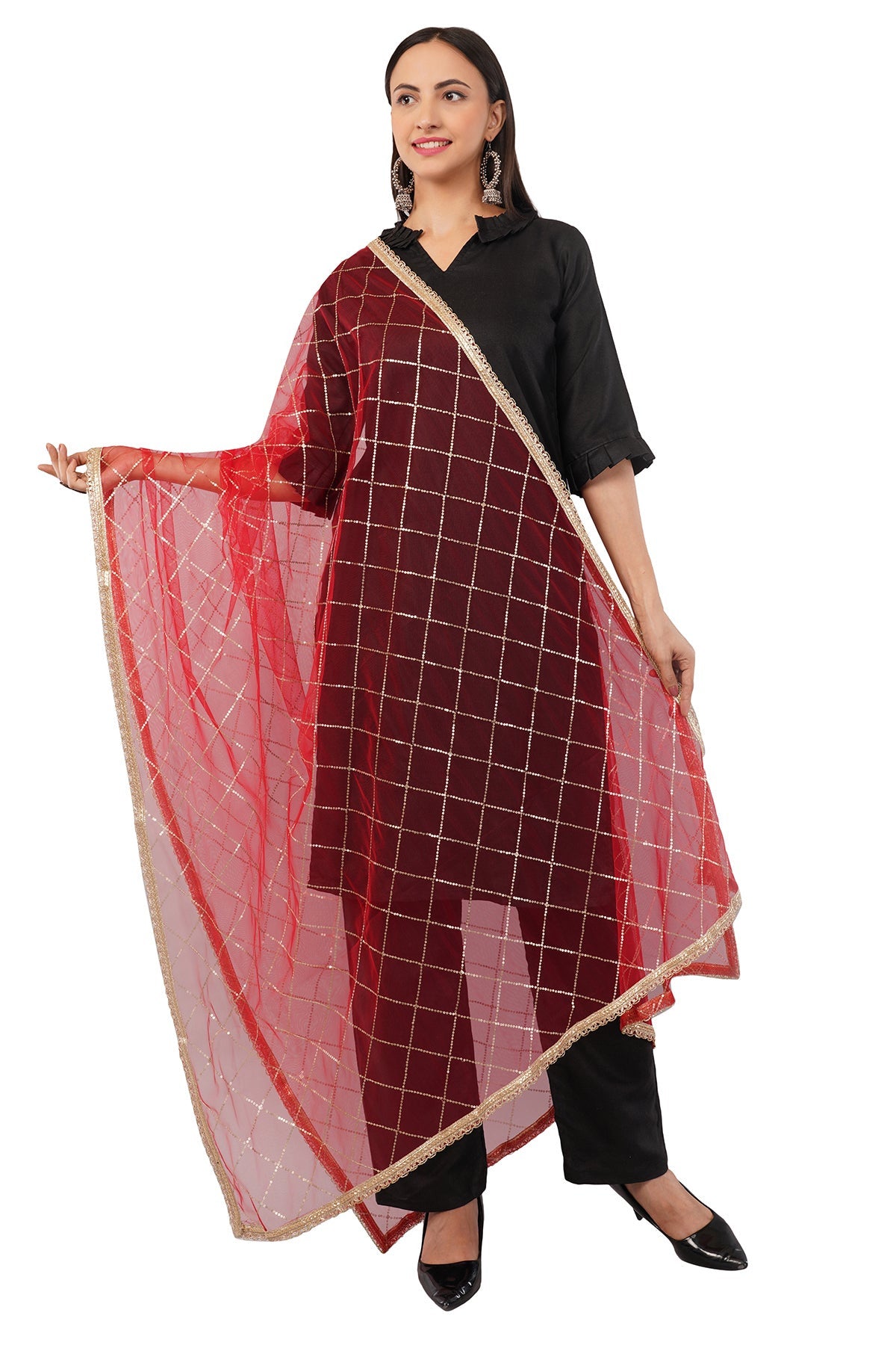 Net Sequins Dupatta for Women Red (NB1) – Ivaara Soft Embroidered Dupatta.
