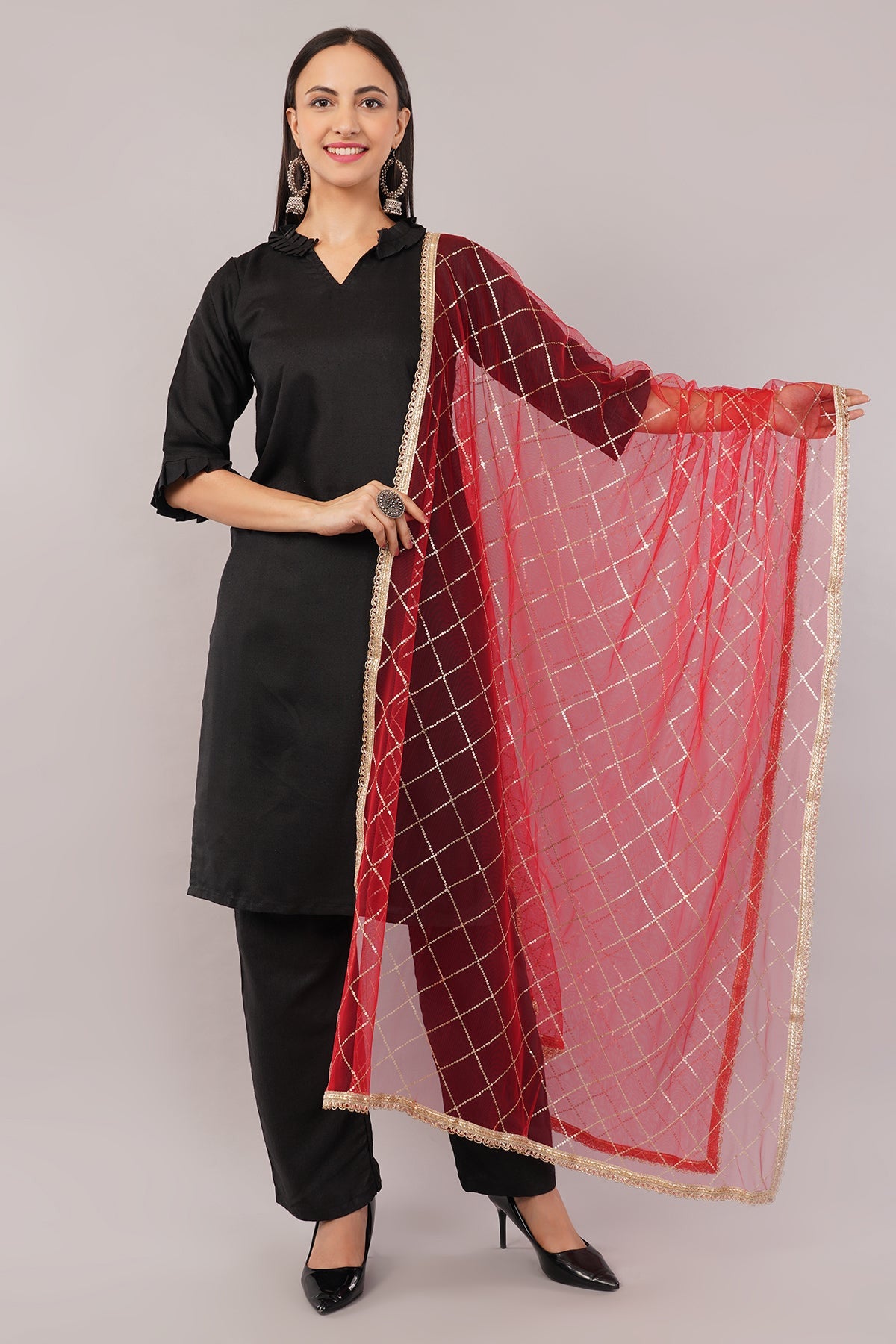 Net Sequins Dupatta for Women Red (NB1) – Ivaara Soft Embroidered Dupatta.