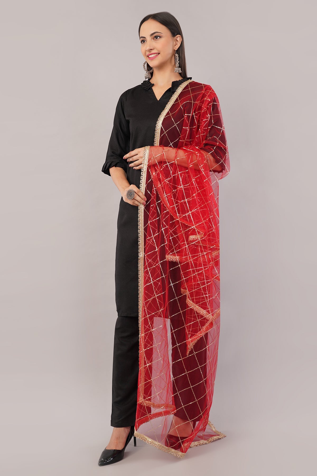Net Sequins Dupatta for Women Red (NB1) – Ivaara Soft Embroidered Dupatta.