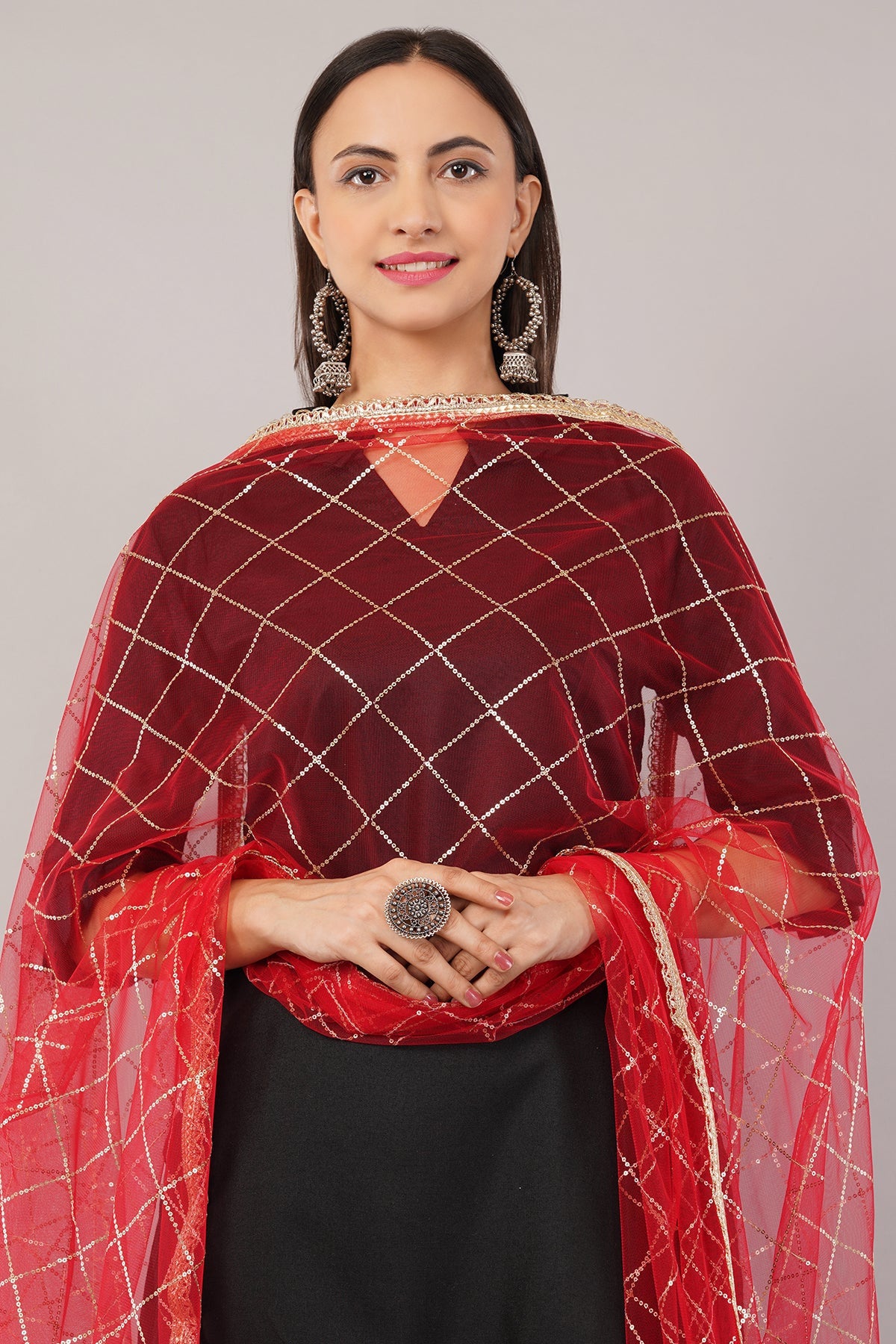 Net Sequins Dupatta for Women Red (NB1) – Ivaara Soft Embroidered Dupatta.