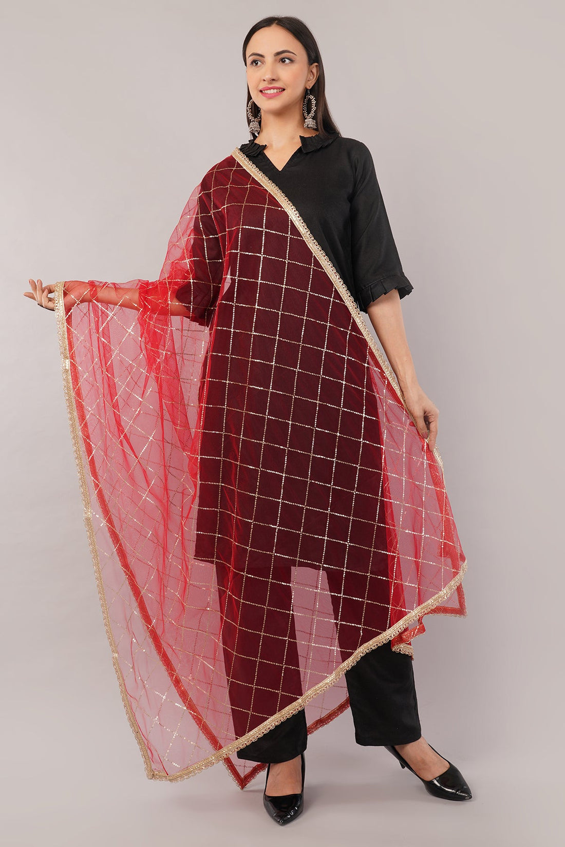 Net Sequins Dupatta for Women Red (NB1) – Ivaara Soft Embroidered Dupatta.