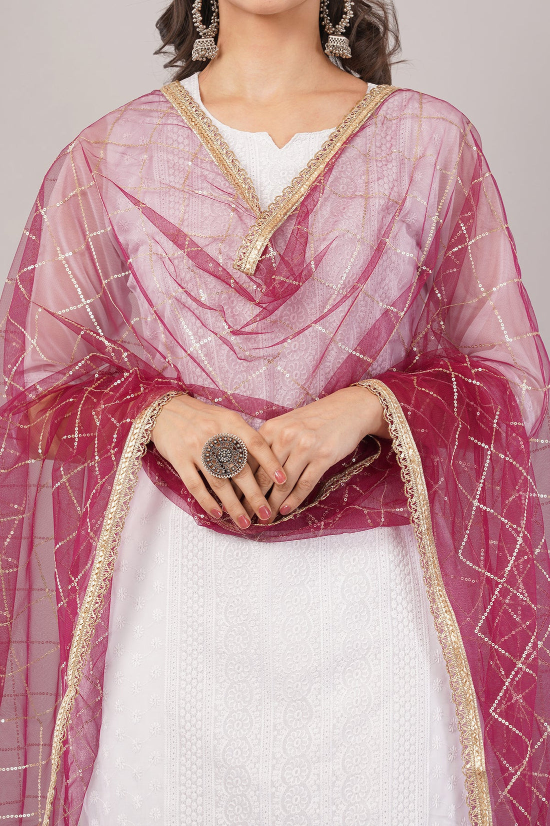 Net Sequins Dupatta for Women Wine (NB5) – Ivaara Soft Embroidered Dupatta.