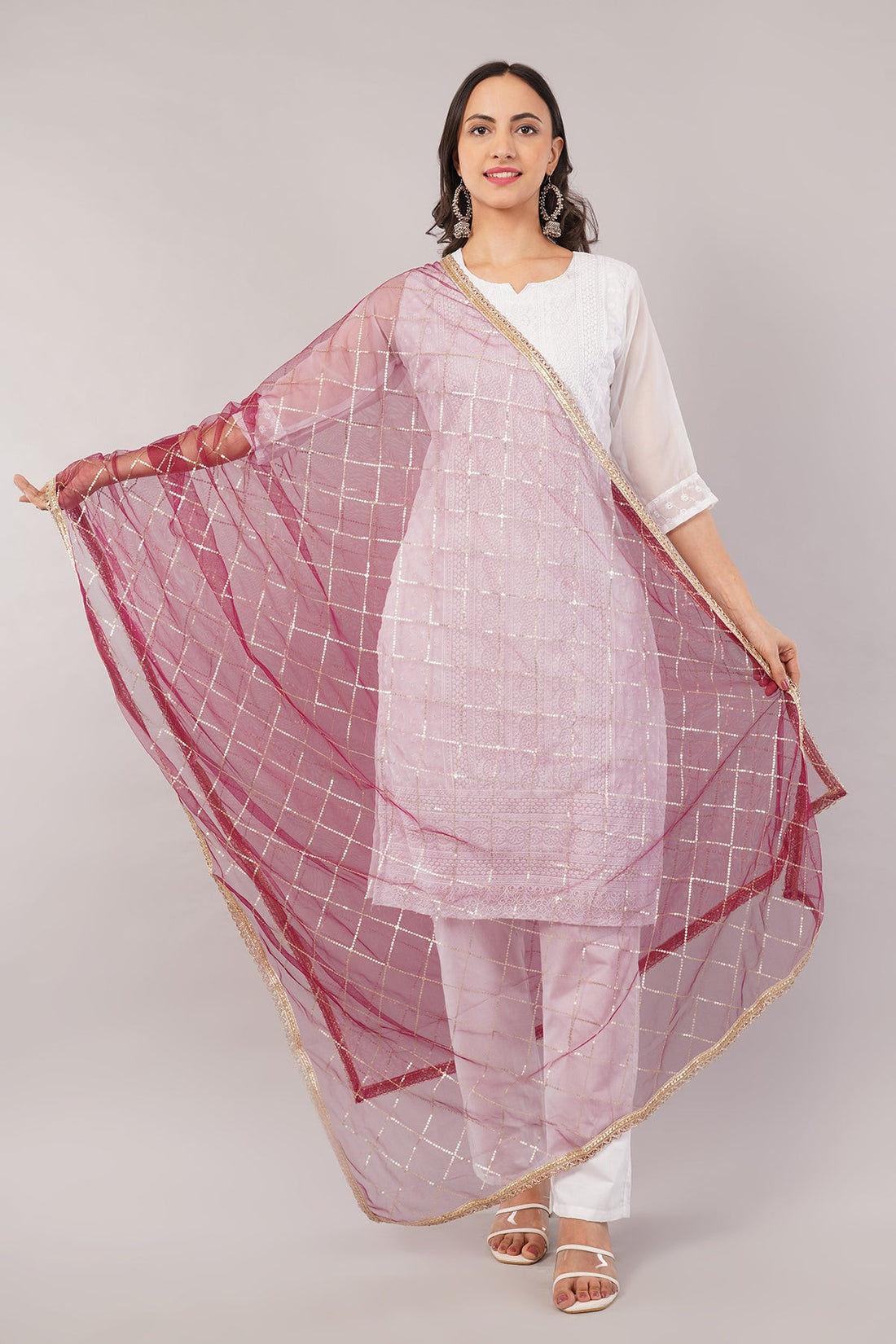Net Sequins Dupatta for Women Wine (NB5) – Ivaara Soft Embroidered Dupatta.