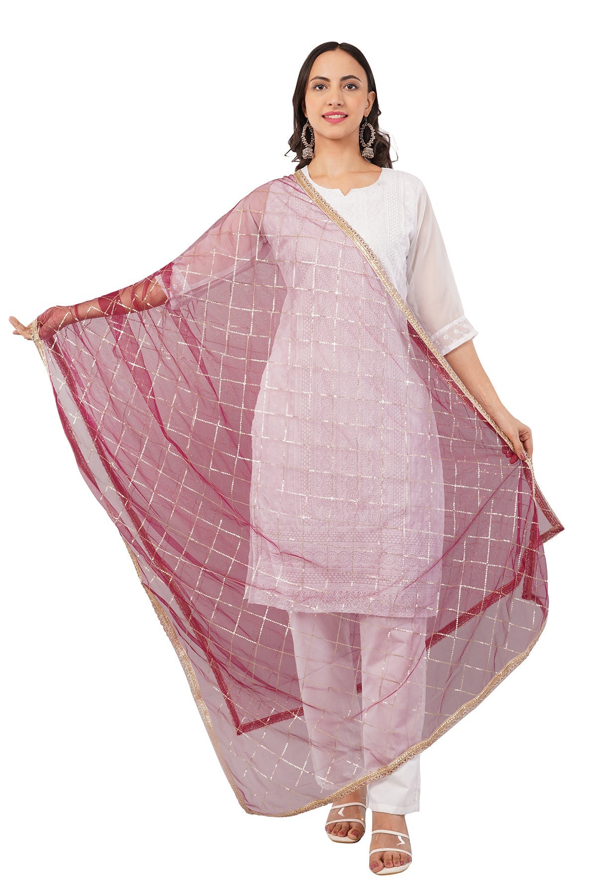 Net Sequins Dupatta for Women Wine (NB5) – Ivaara Soft Embroidered Dupatta.