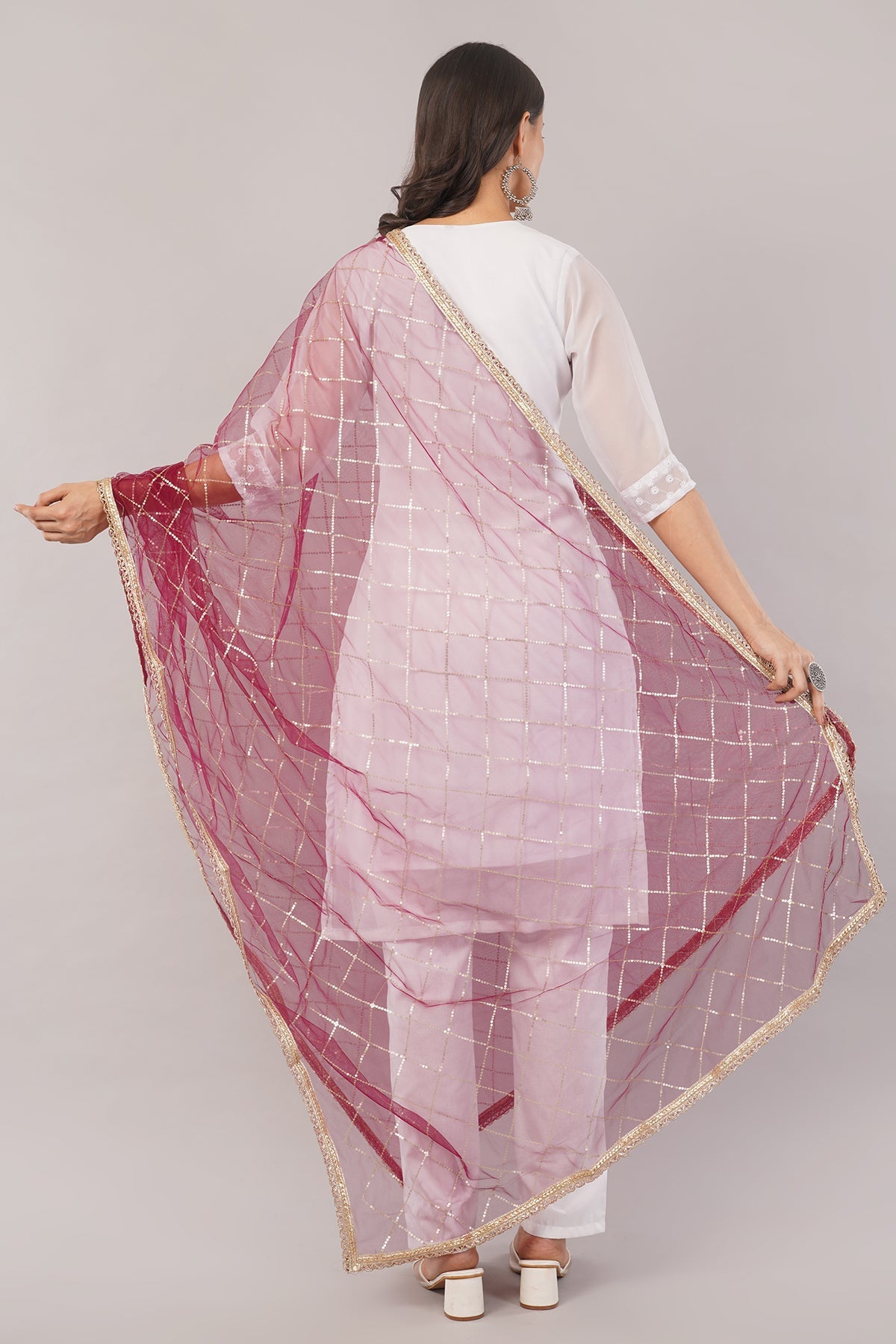 Net Sequins Dupatta for Women Wine (NB5) – Ivaara Soft Embroidered Dupatta.