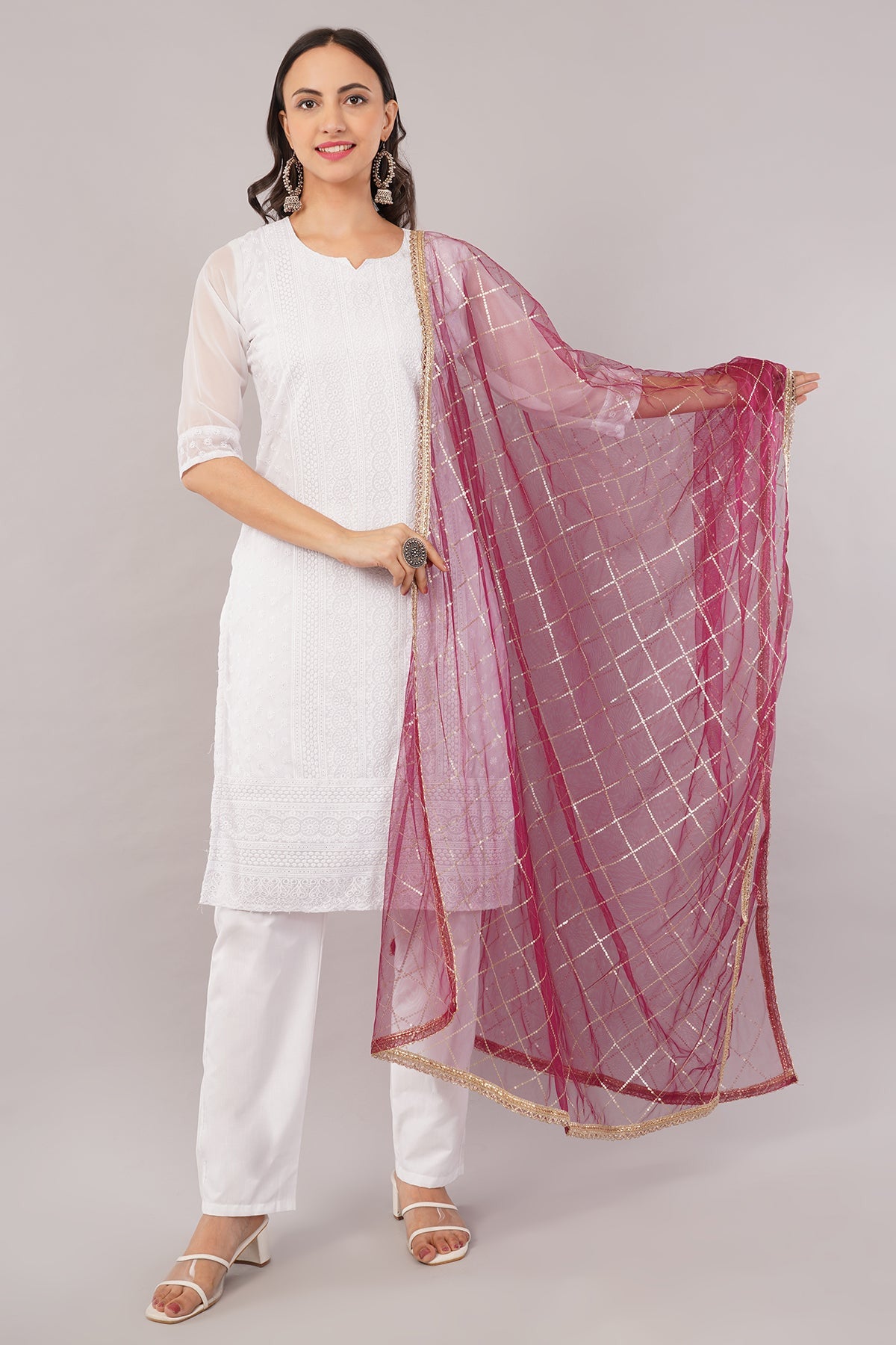Net Sequins Dupatta for Women Wine (NB5) – Ivaara Soft Embroidered Dupatta.