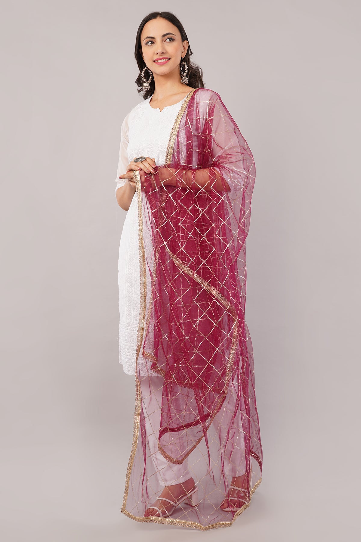 Net Sequins Dupatta for Women Wine (NB5) – Ivaara Soft Embroidered Dupatta.