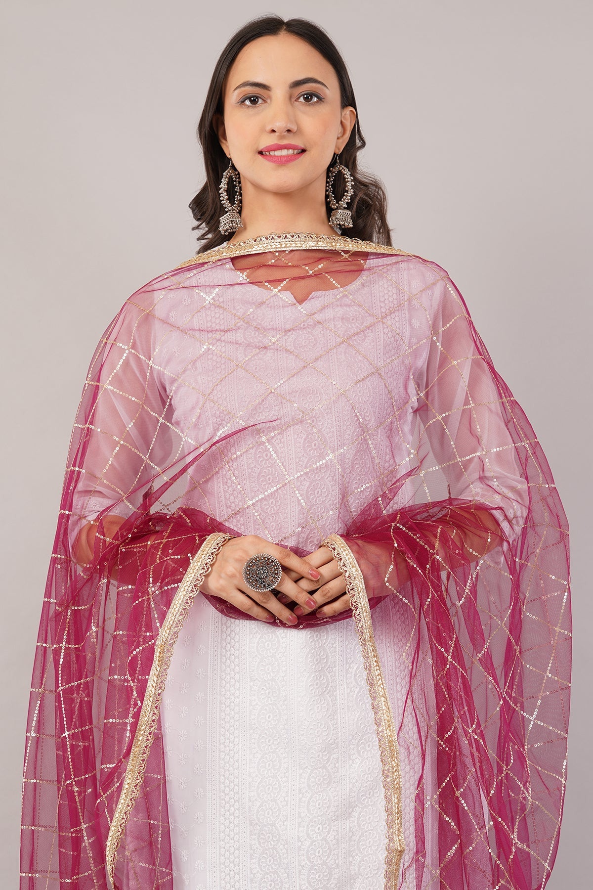 Net Sequins Dupatta for Women Wine (NB5) – Ivaara Soft Embroidered Dupatta.