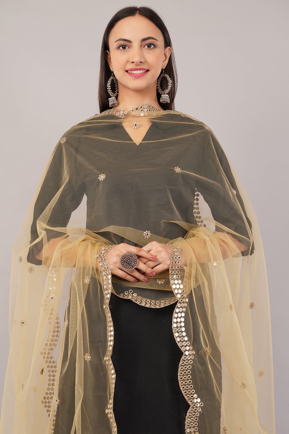 Net Cutwork Dupatta  – Embroidered With Mirror work | Beige (NC3) | IVAARA.