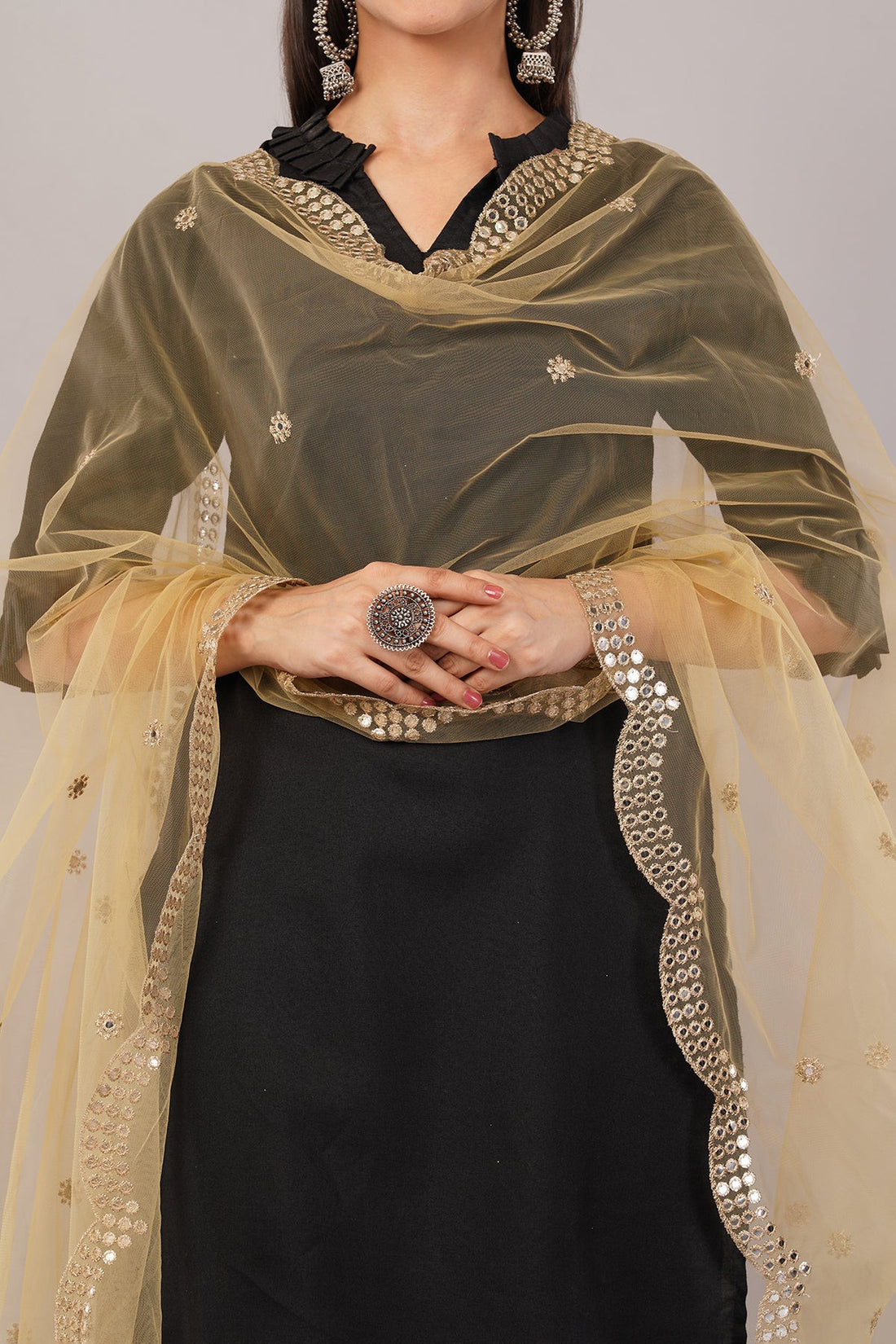 Net Cutwork Dupatta  – Embroidered With Mirror work | Beige (NC3) | IVAARA.