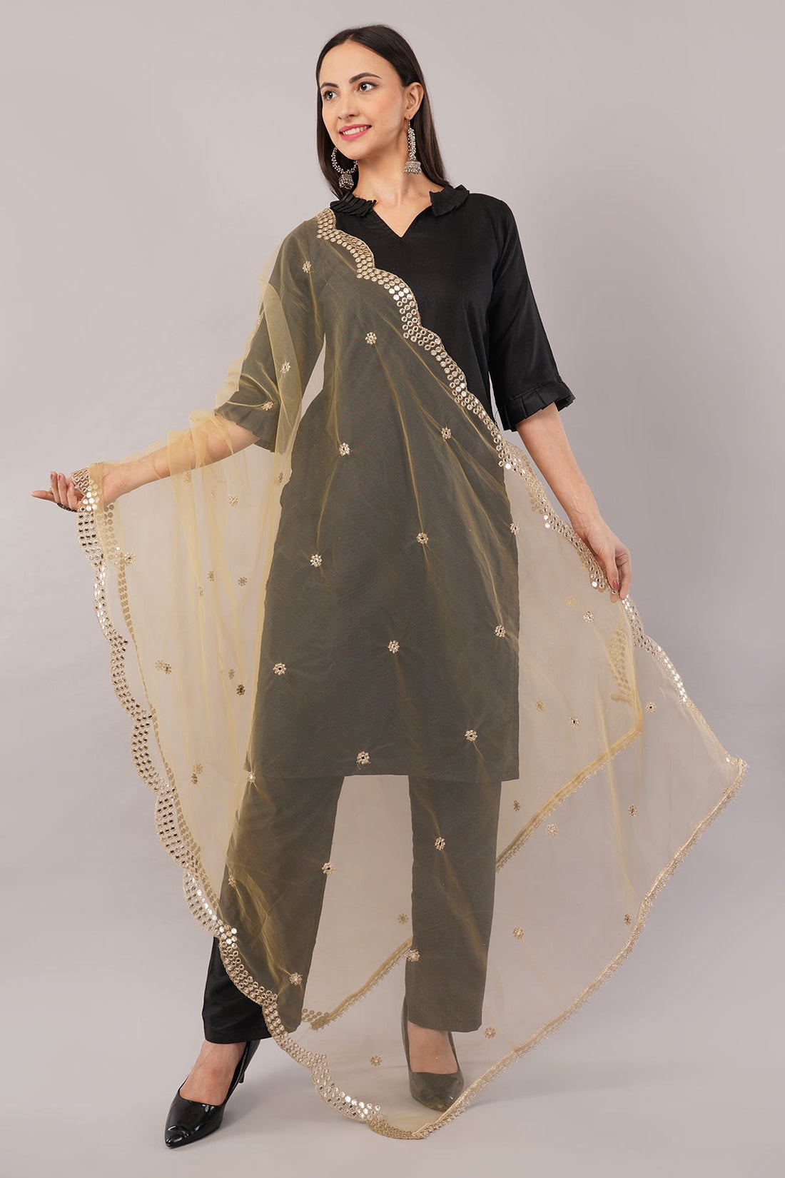 Net Cutwork Dupatta  – Embroidered With Mirror work | Beige (NC3) | IVAARA.