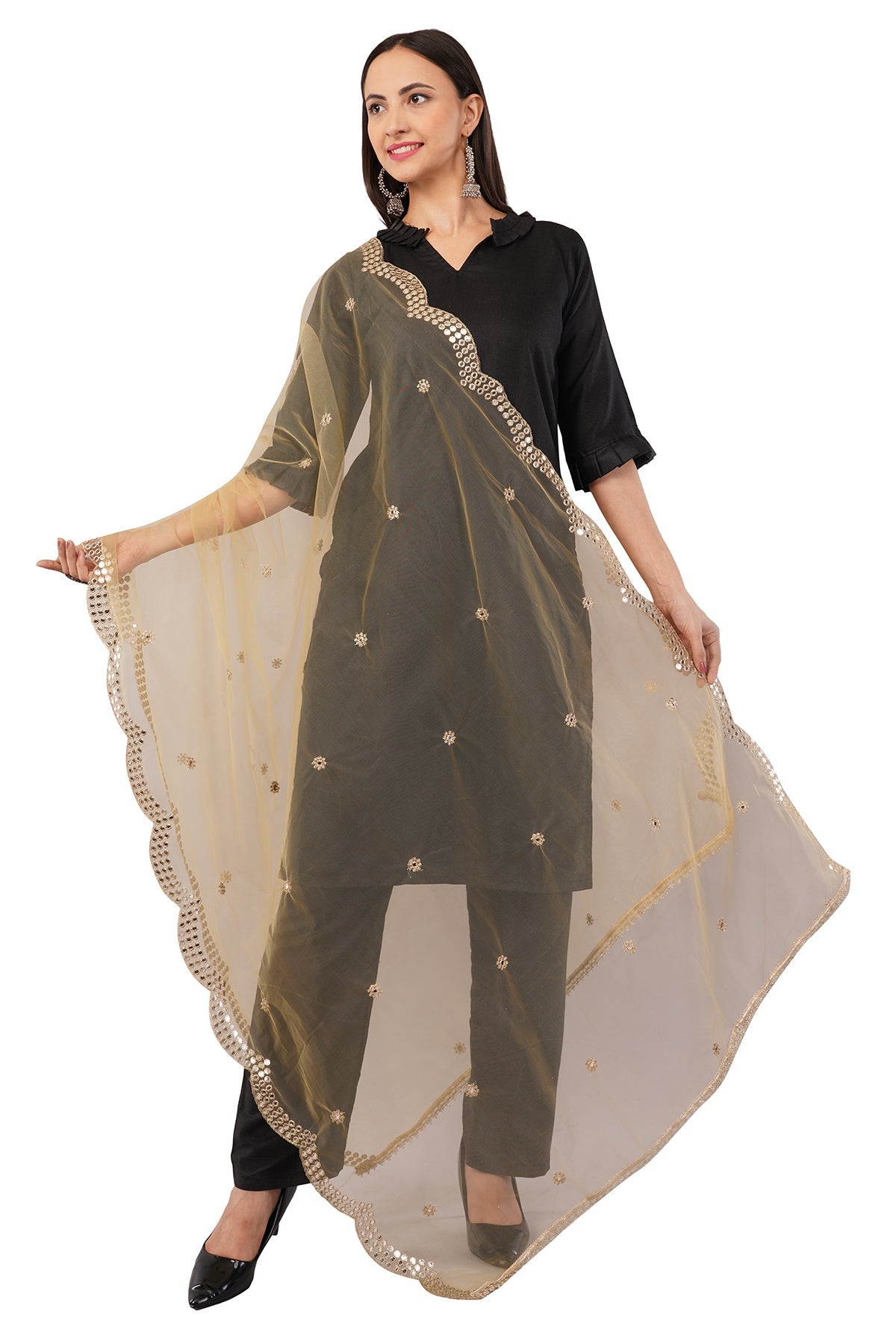 Net Cutwork Dupatta  – Embroidered With Mirror work | Beige (NC3) | IVAARA.