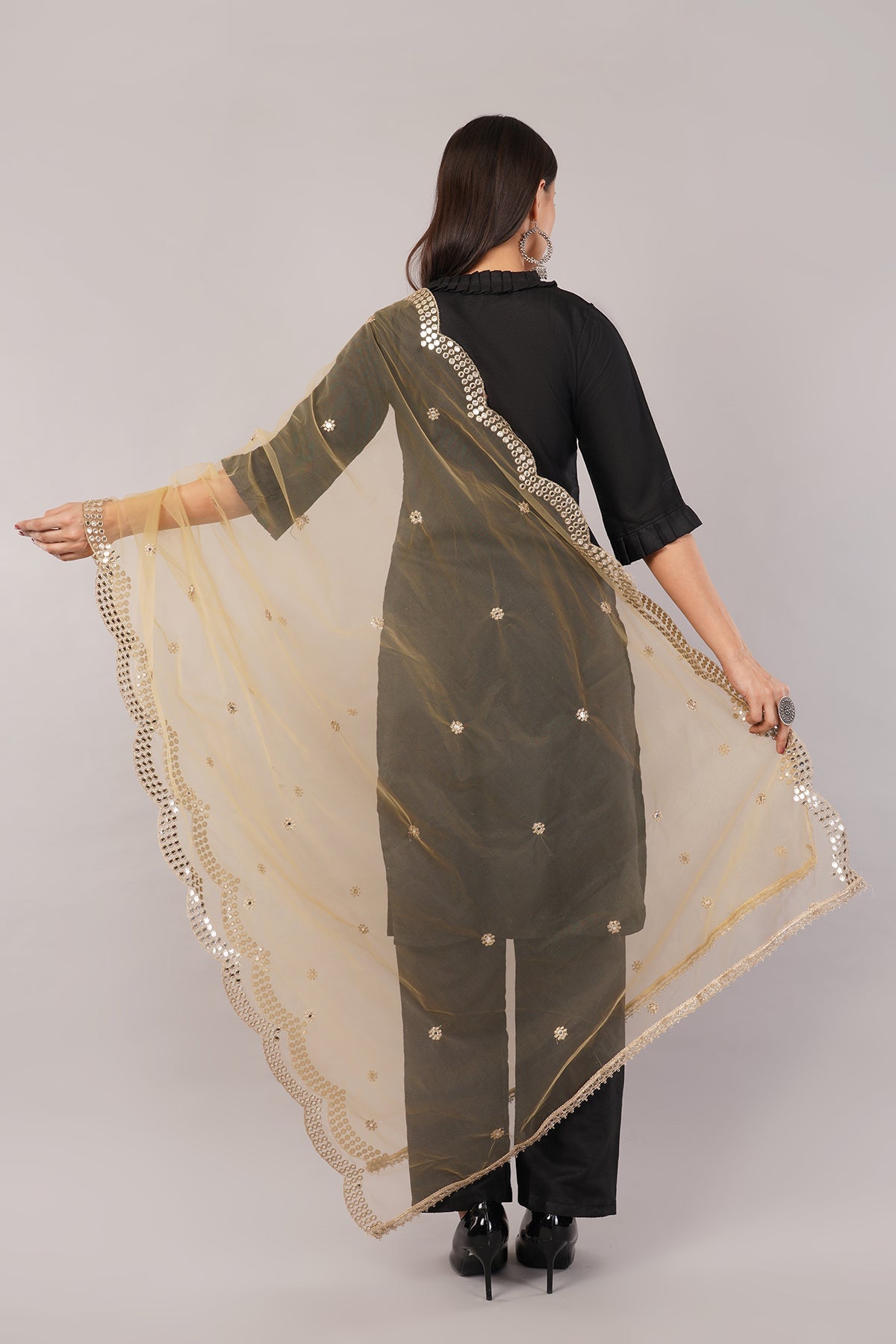 Net Cutwork Dupatta  – Embroidered With Mirror work | Beige (NC3) | IVAARA.