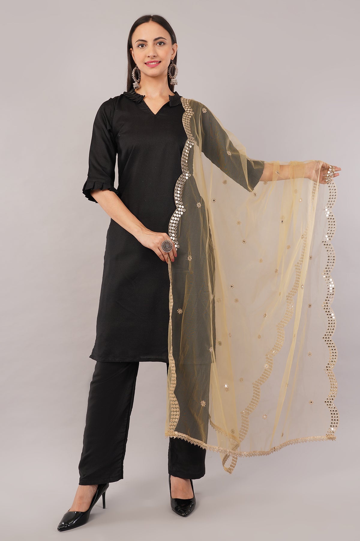 Net Cutwork Dupatta  – Embroidered With Mirror work | Beige (NC3) | IVAARA.