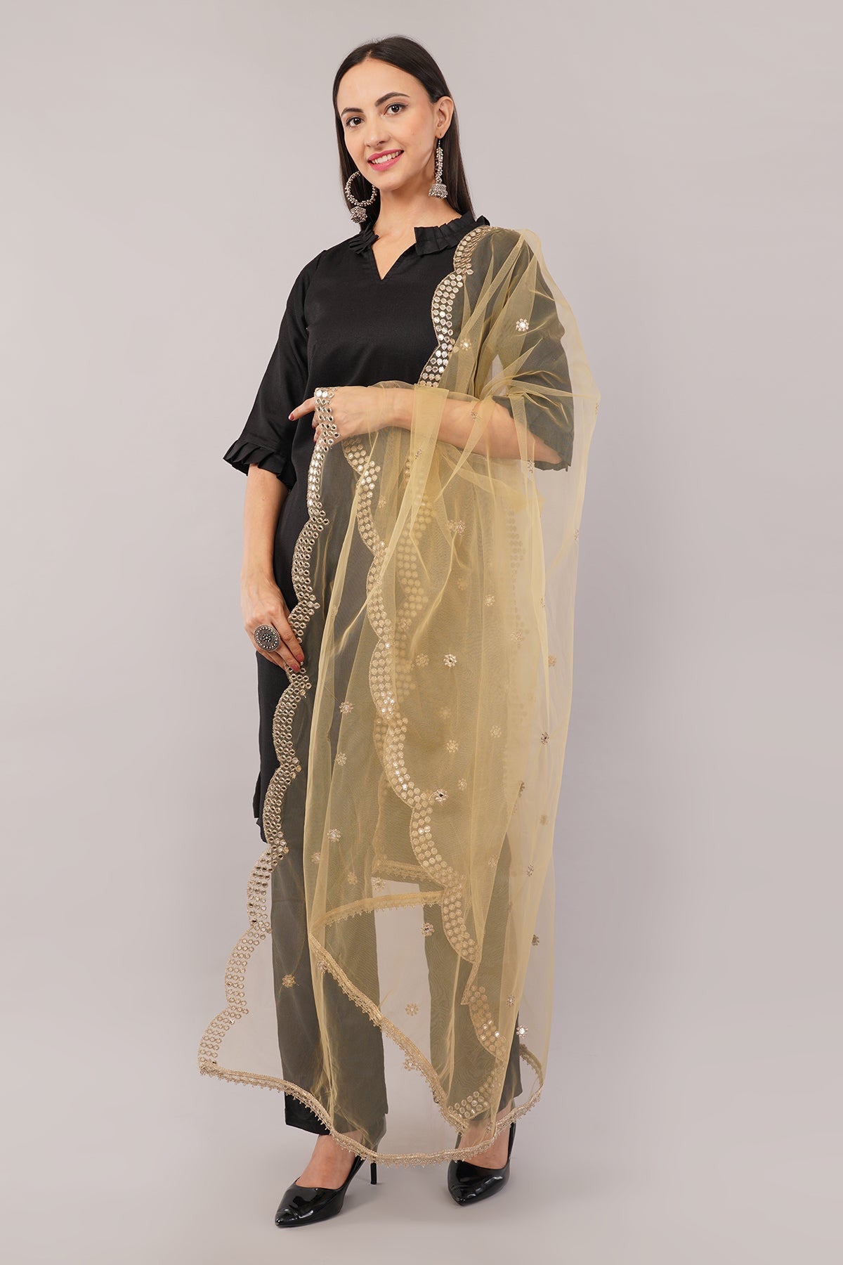 Net Cutwork Dupatta  – Embroidered With Mirror work | Beige (NC3) | IVAARA.