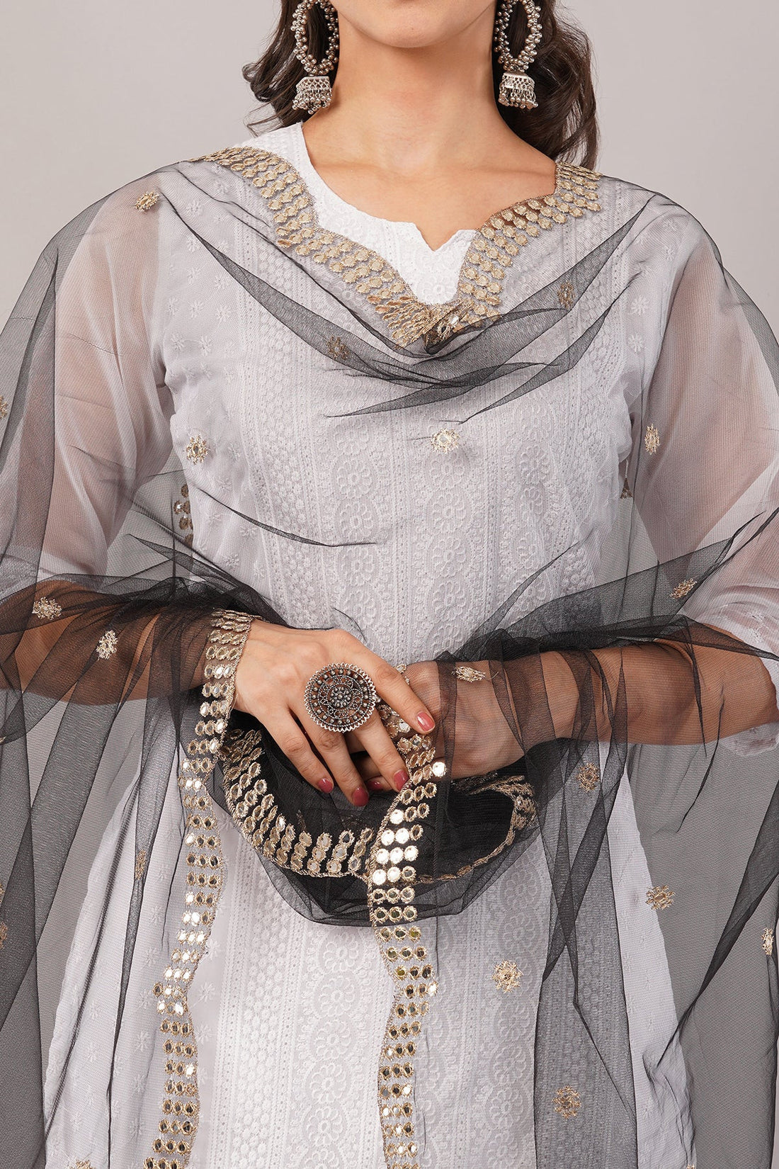 Net Cutwork Dupatta  – Embroidered With Mirror work | Black (NC6) | IVAARA.