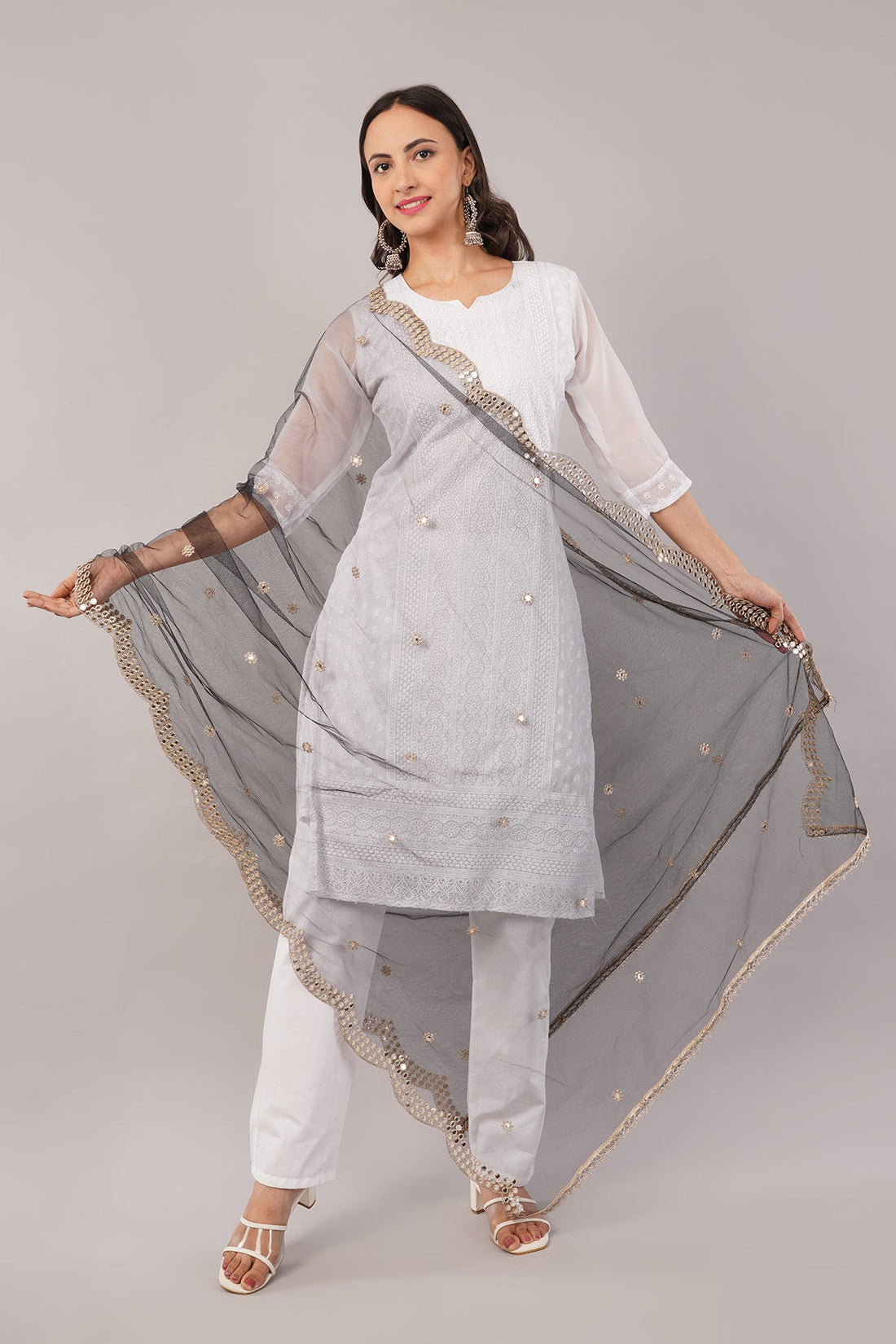 Net Cutwork Dupatta  – Embroidered With Mirror work | Black (NC6) | IVAARA.