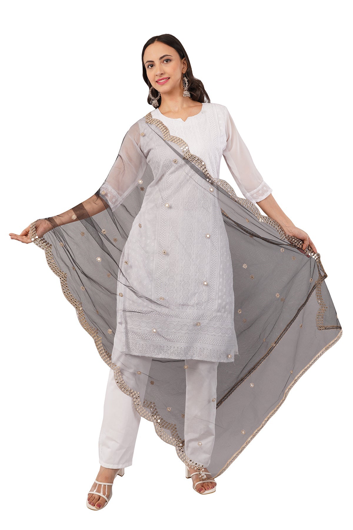 Net Cutwork Dupatta  – Embroidered With Mirror work | Black (NC6) | IVAARA.