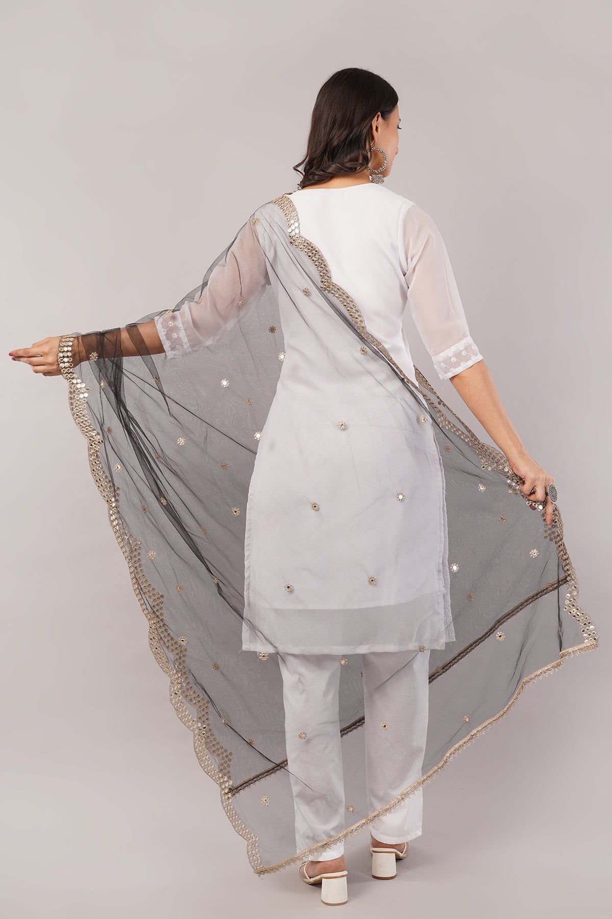 Net Cutwork Dupatta  – Embroidered With Mirror work | Black (NC6) | IVAARA.