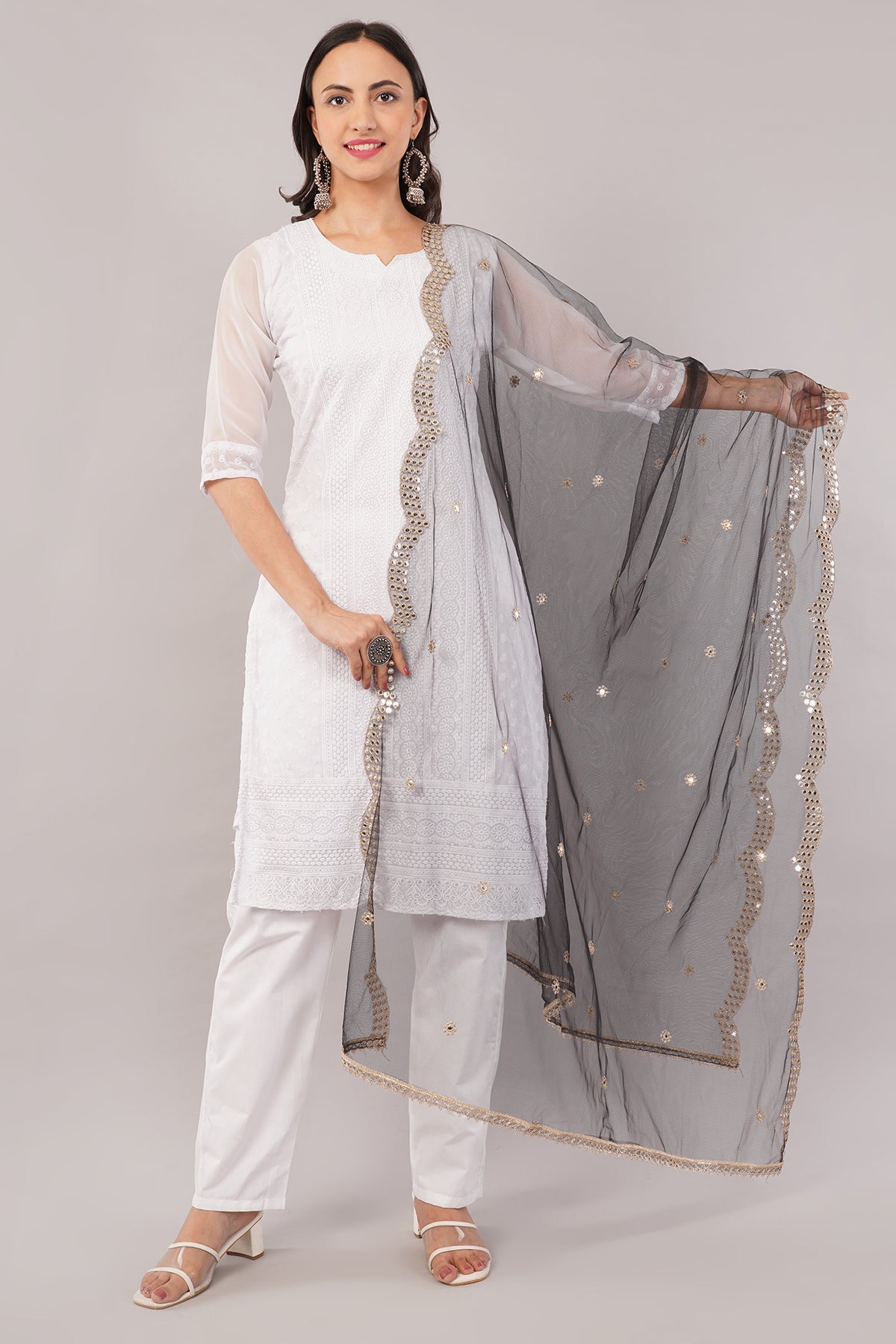 Net Cutwork Dupatta  – Embroidered With Mirror work | Black (NC6) | IVAARA.