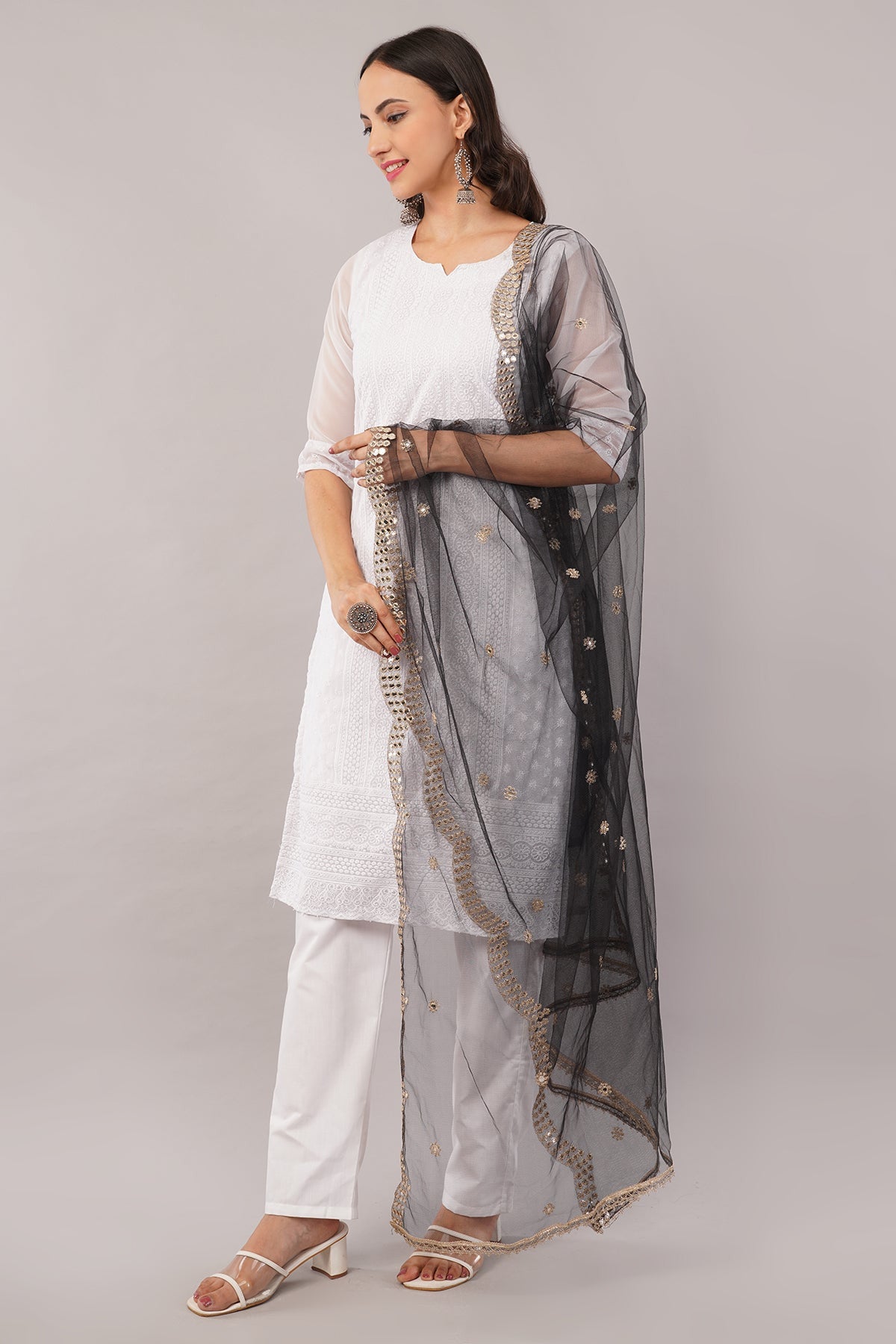 Net Cutwork Dupatta  – Embroidered With Mirror work | Black (NC6) | IVAARA.