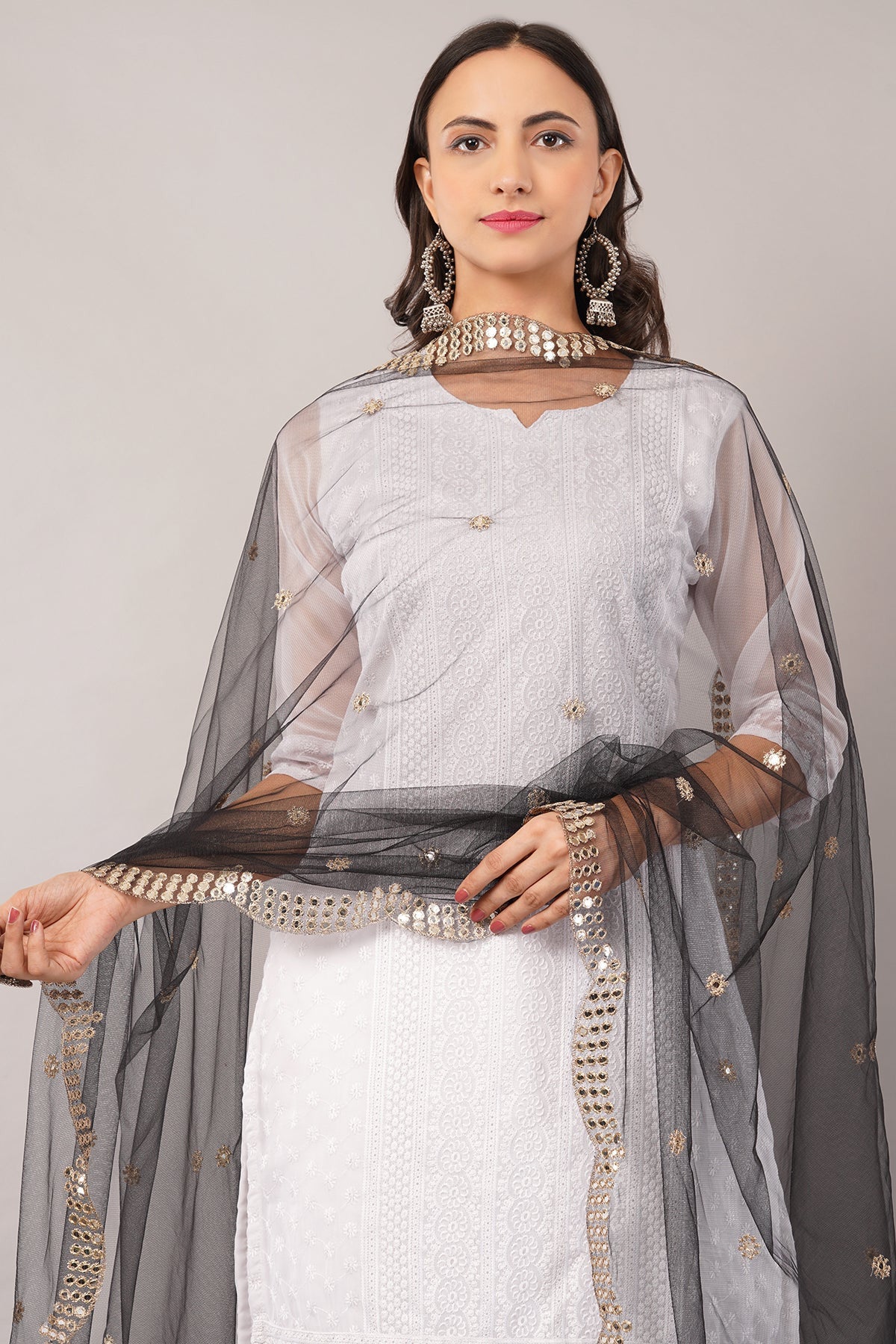 Net Cutwork Dupatta  – Embroidered With Mirror work | Black (NC6) | IVAARA.