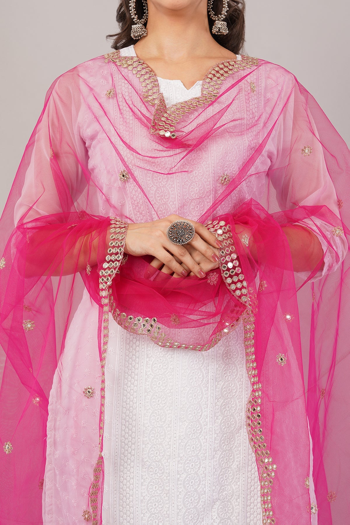 Net Cutwork Dupatta  – Embroidered With Mirror work | Margenta (NC9) | IVAARA.