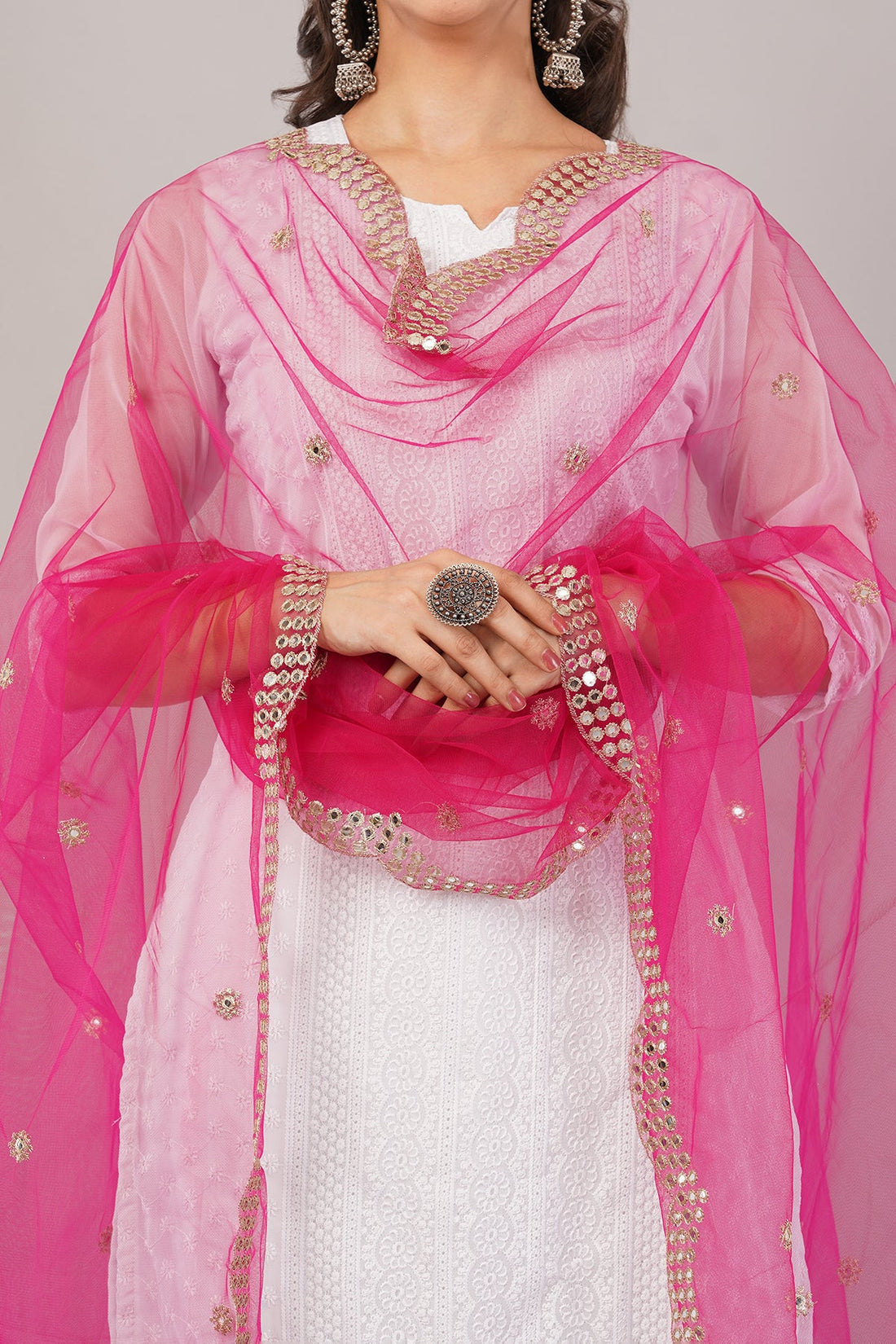 Net Cutwork Dupatta  – Embroidered With Mirror work | Margenta (NC9) | IVAARA.