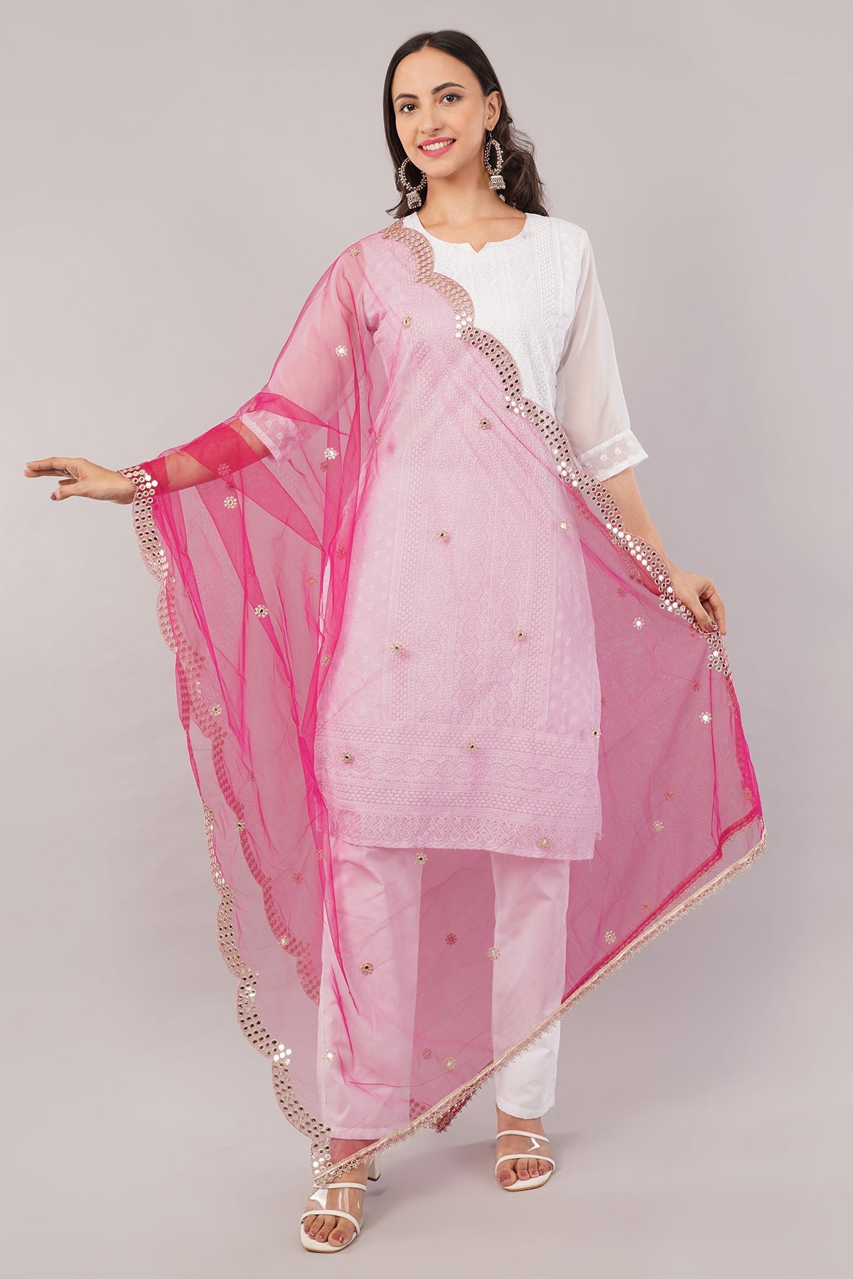 Net Cutwork Dupatta  – Embroidered With Mirror work | Margenta (NC9) | IVAARA.