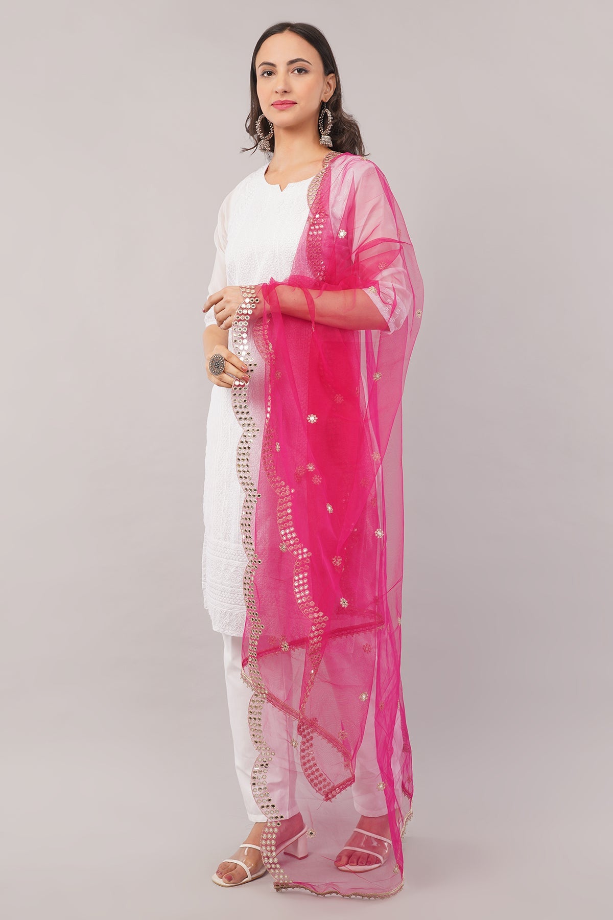 Net Cutwork Dupatta  – Embroidered With Mirror work | Margenta (NC9) | IVAARA.