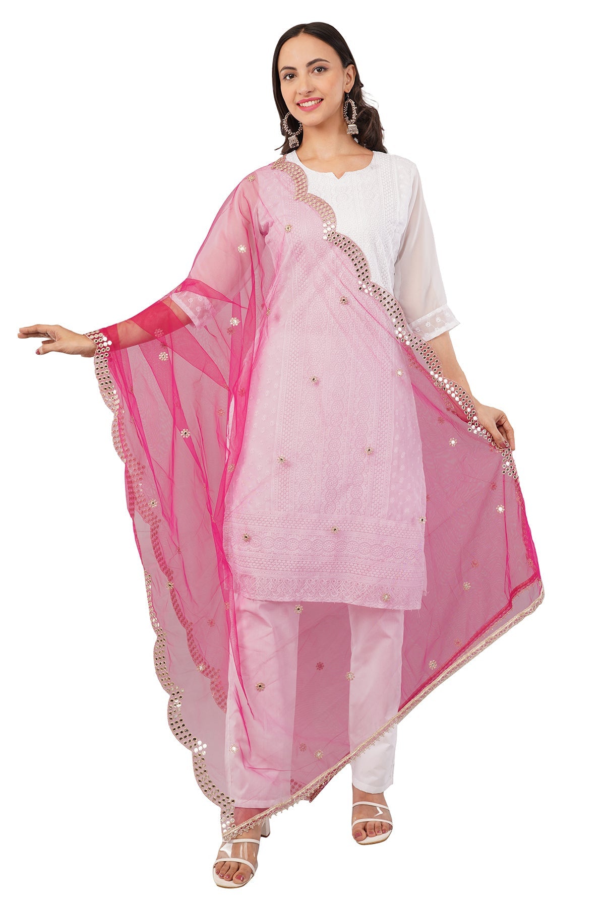 Net Cutwork Dupatta  – Embroidered With Mirror work | Margenta (NC9) | IVAARA.