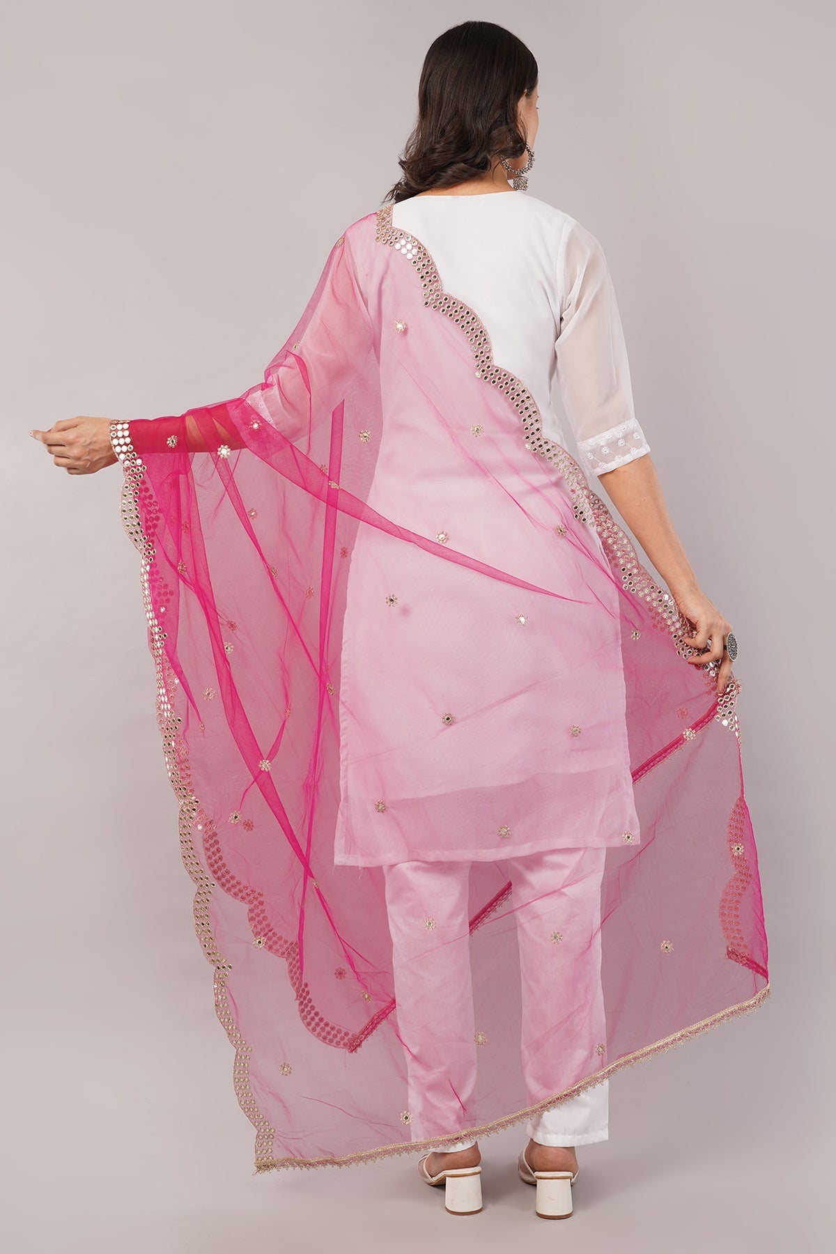 Net Cutwork Dupatta  – Embroidered With Mirror work | Margenta (NC9) | IVAARA.