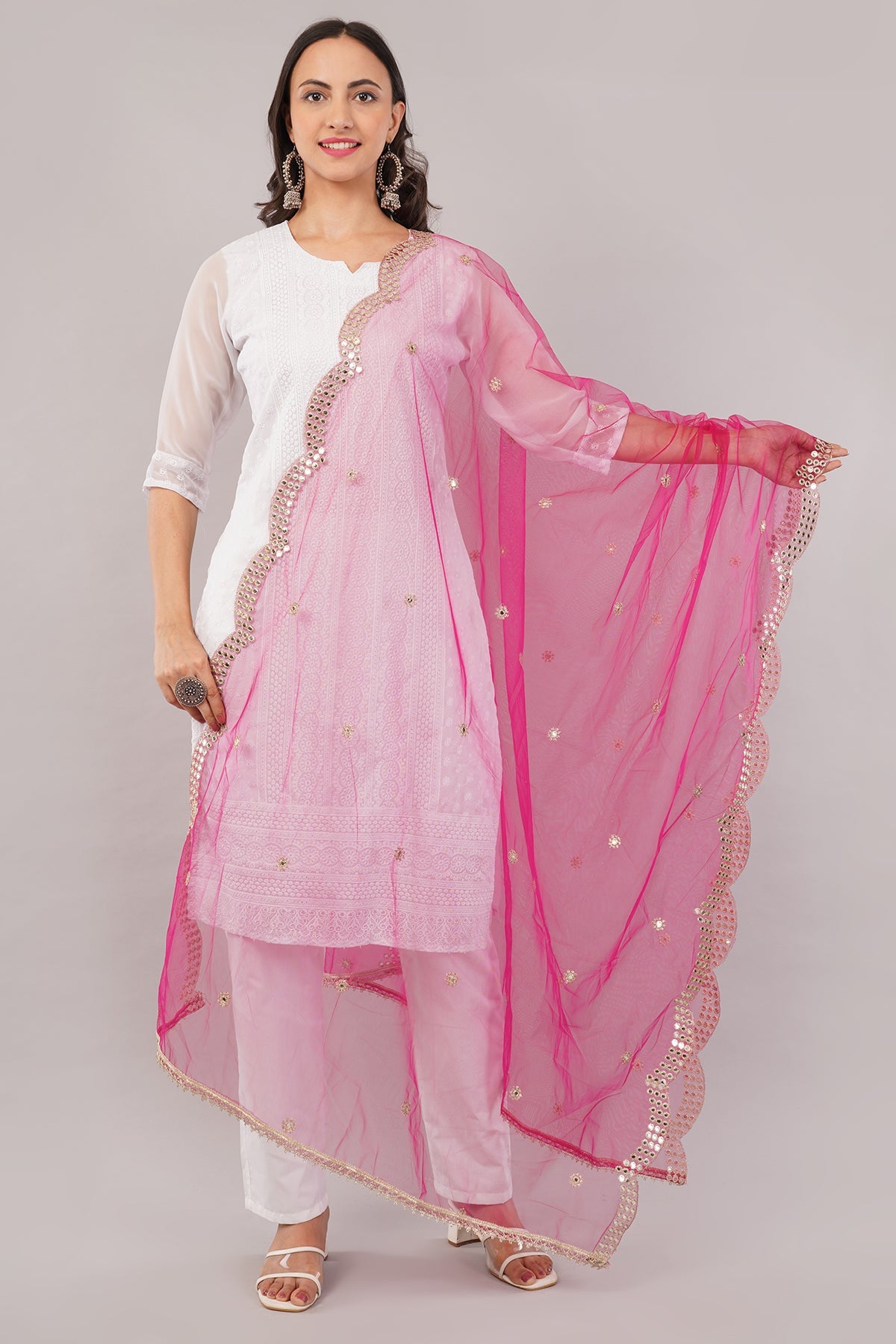 Net Cutwork Dupatta  – Embroidered With Mirror work | Margenta (NC9) | IVAARA.
