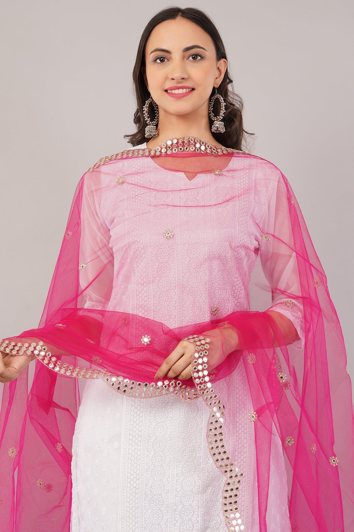 Net Cutwork Dupatta  – Embroidered With Mirror work | Margenta (NC9) | IVAARA.