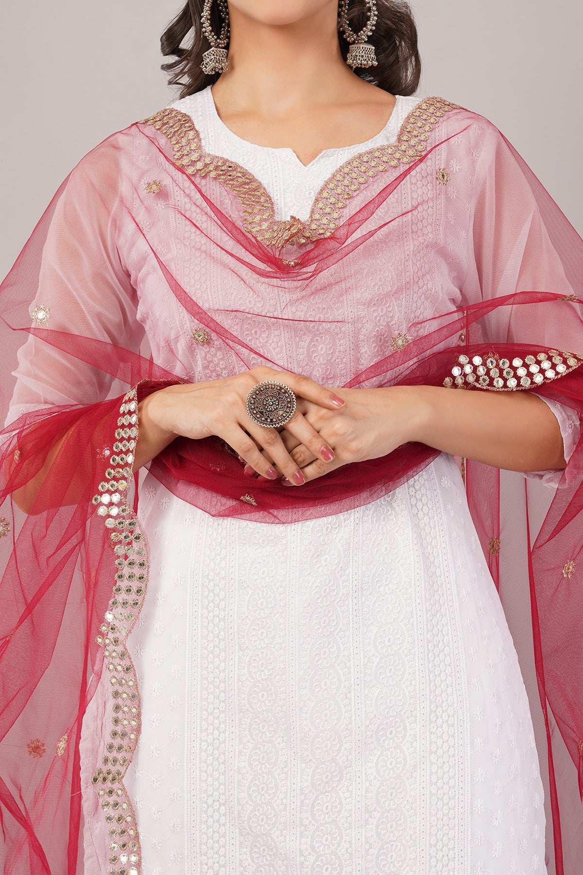 Net Cutwork Dupatta  – Embroidered With Mirror work | Maroon (NC5) | Ivaara.