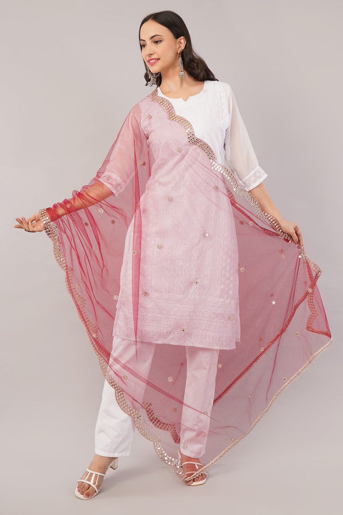 Net Cutwork Dupatta  – Embroidered With Mirror work | Maroon (NC5) | Ivaara.