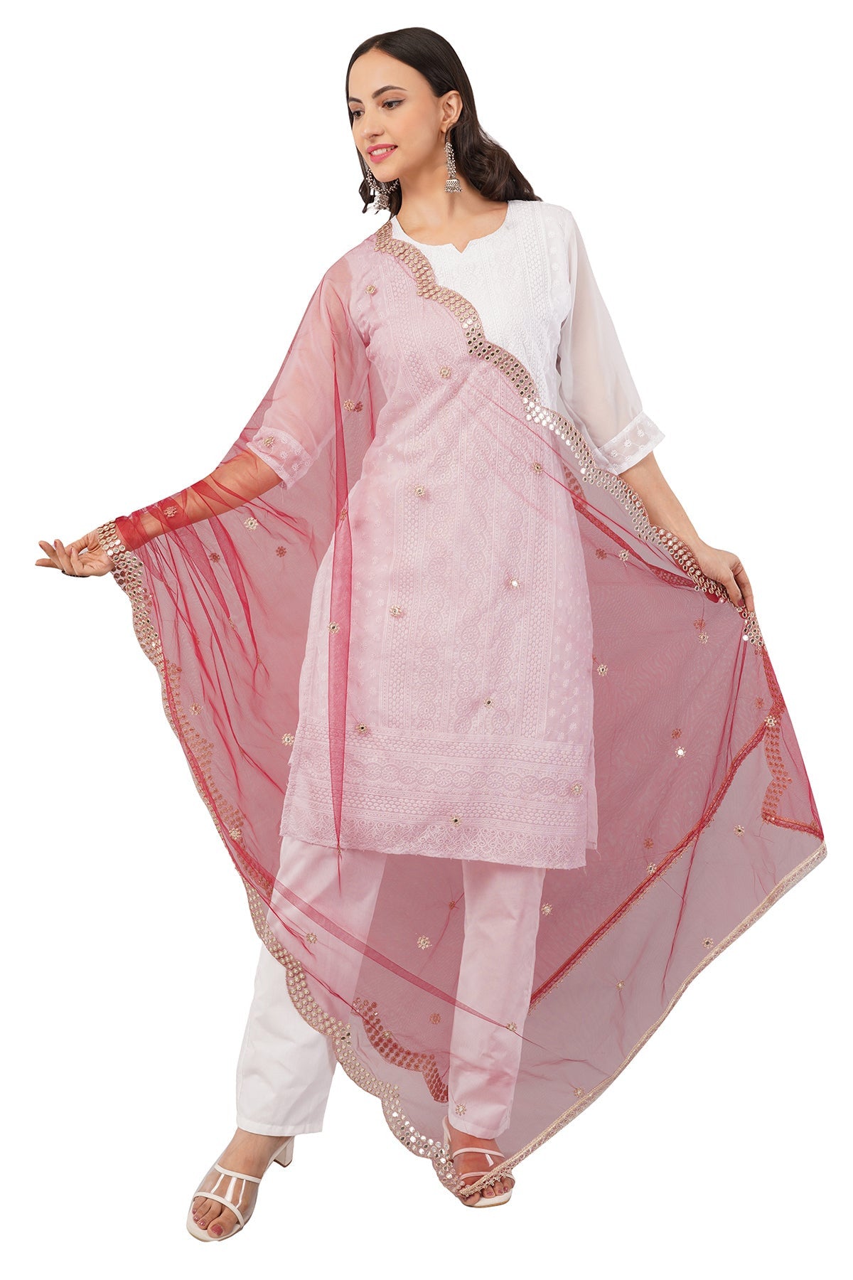 Net Cutwork Dupatta  – Embroidered With Mirror work | Maroon (NC5) | Ivaara.