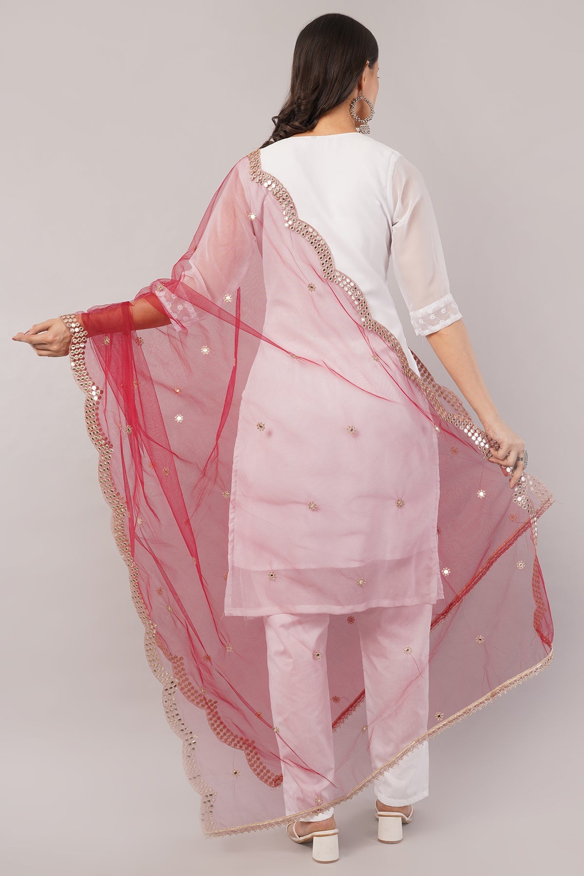 Net Cutwork Dupatta  – Embroidered With Mirror work | Maroon (NC5) | Ivaara.