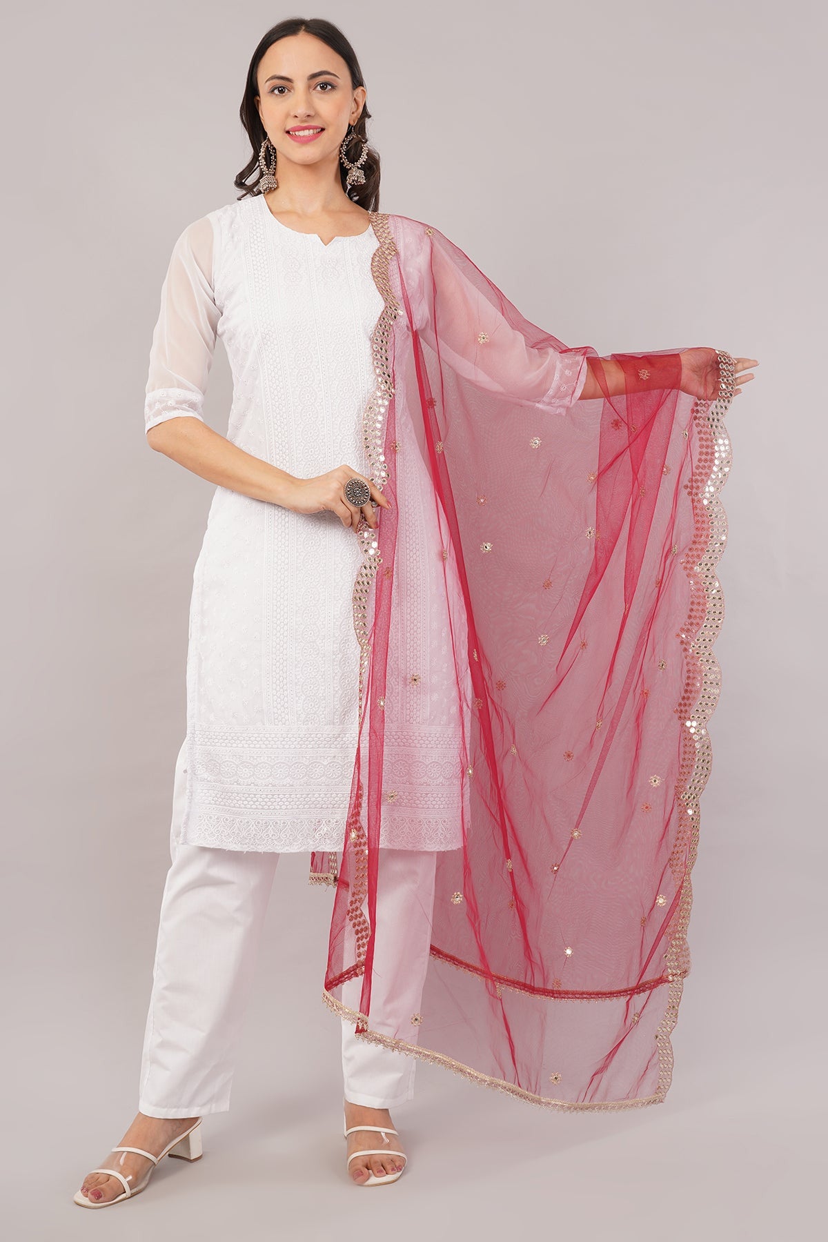 Net Cutwork Dupatta  – Embroidered With Mirror work | Maroon (NC5) | Ivaara.