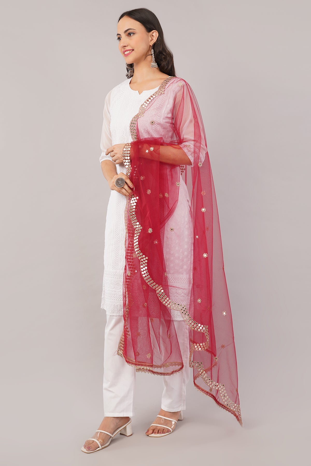 Net Cutwork Dupatta  – Embroidered With Mirror work | Maroon (NC5) | Ivaara.
