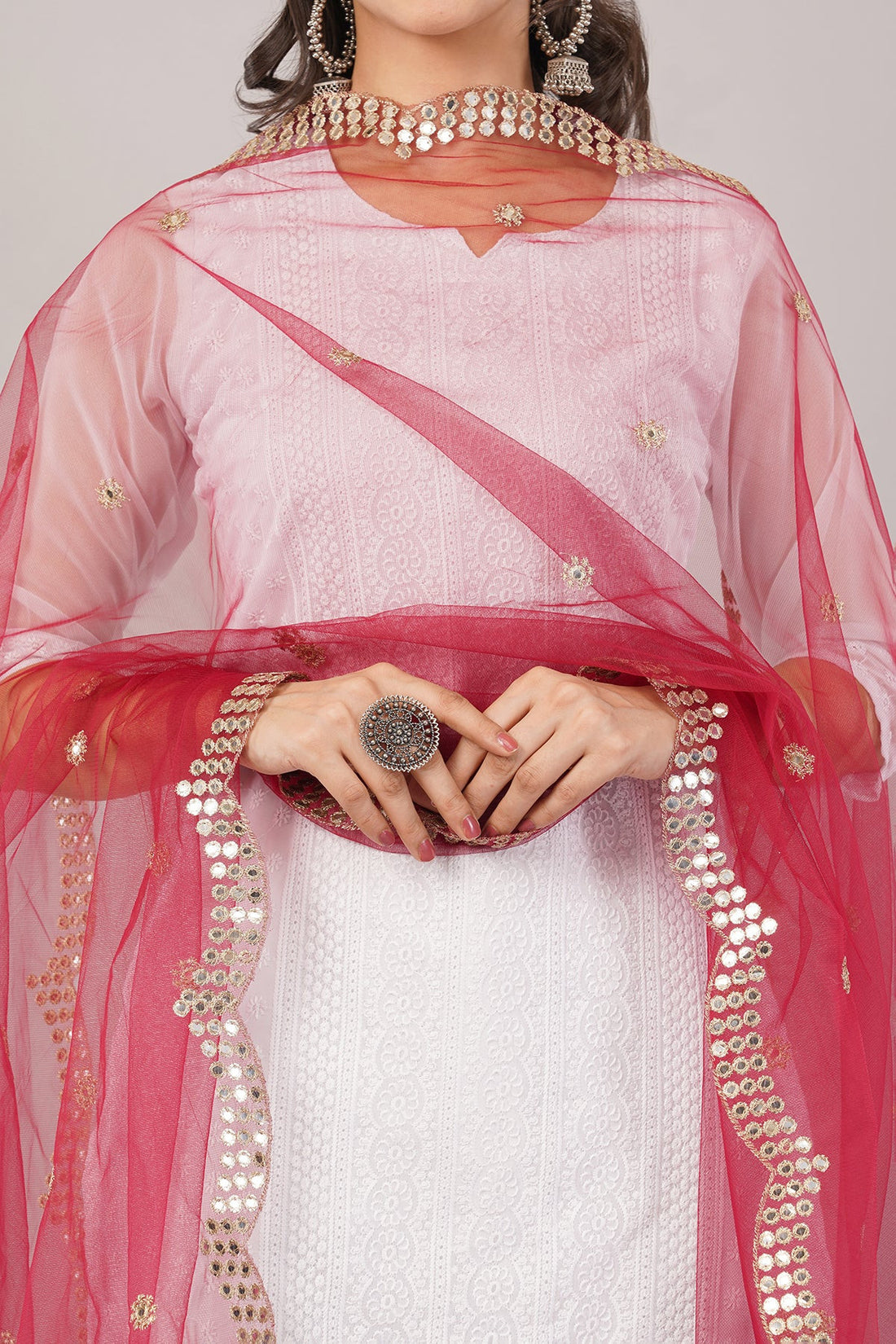 Net Cutwork Dupatta  – Embroidered With Mirror work | Maroon (NC5) | Ivaara.