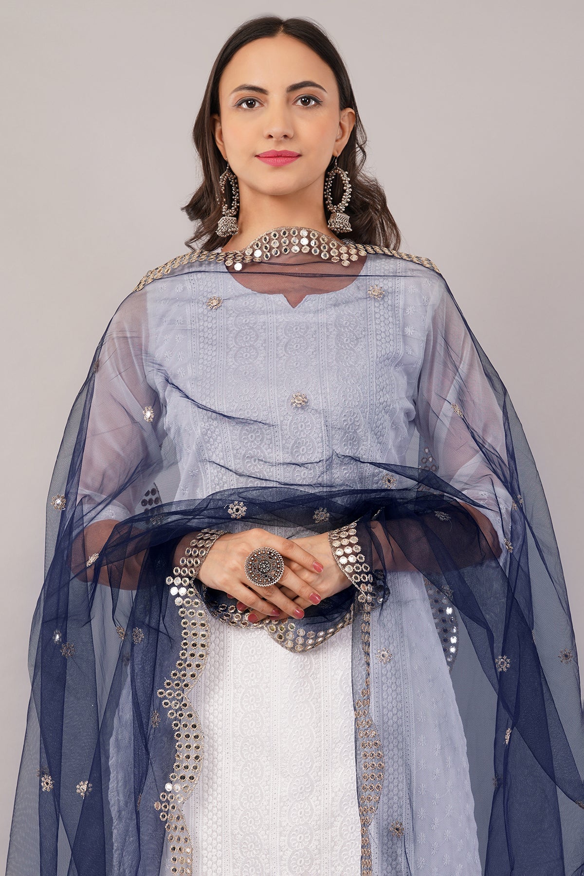 Net Cutwork Dupatta  – Embroidered With Mirror work | Navy Blue (NC8) | IVAARA.