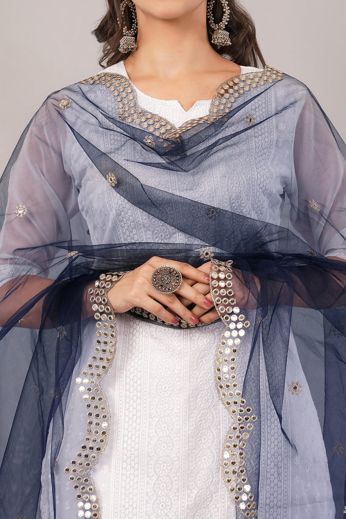 Net Cutwork Dupatta  – Embroidered With Mirror work | Navy Blue (NC8) | IVAARA.