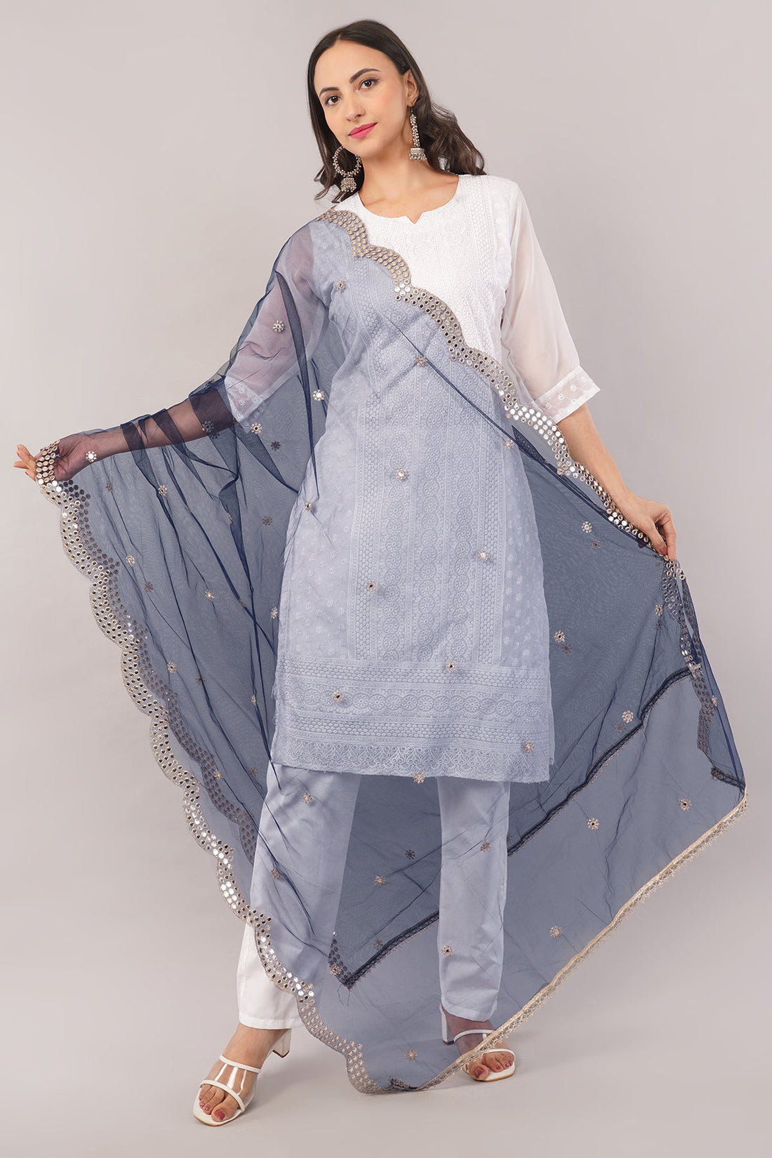 Net Cutwork Dupatta  – Embroidered With Mirror work | Navy Blue (NC8) | IVAARA.